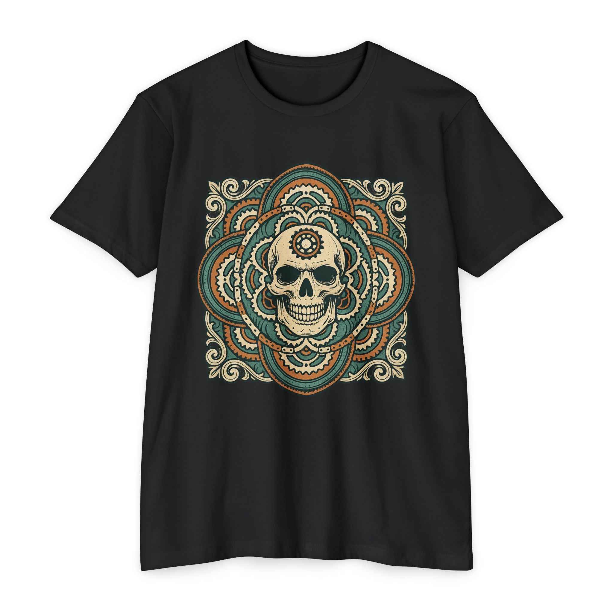Mandala Skull Bike Style Shirt in black with vintage-style skull mandala design, ideal for rock band fans and mountain biking enthusiasts.