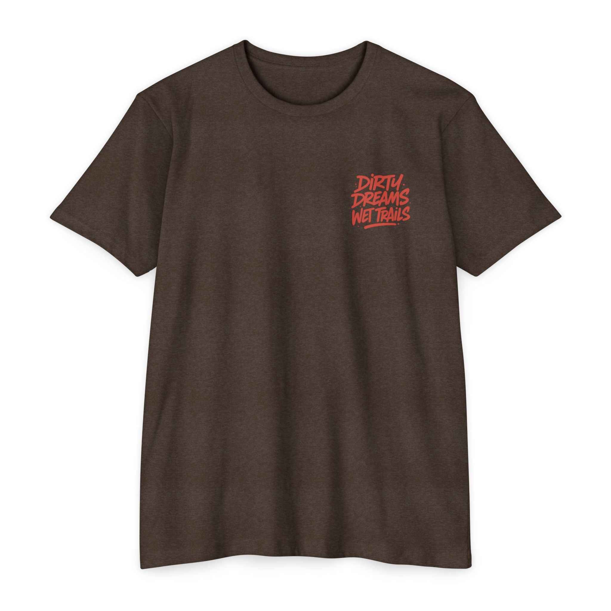 Brown Dirty Dreams MTB T-Shirt featuring red chest text, ideal for muddy trail rides. Soft, comfy fit for mountain biking lovers.