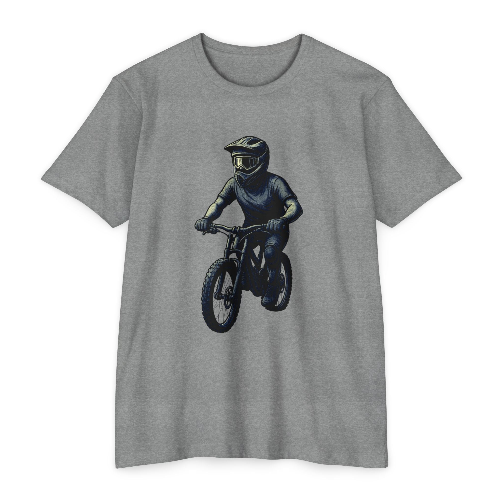 The Downhill Spirit - Vintage MTB Rider Tee in heather gray with a detailed biker illustration. Lightweight and perfect for outdoor adventures.