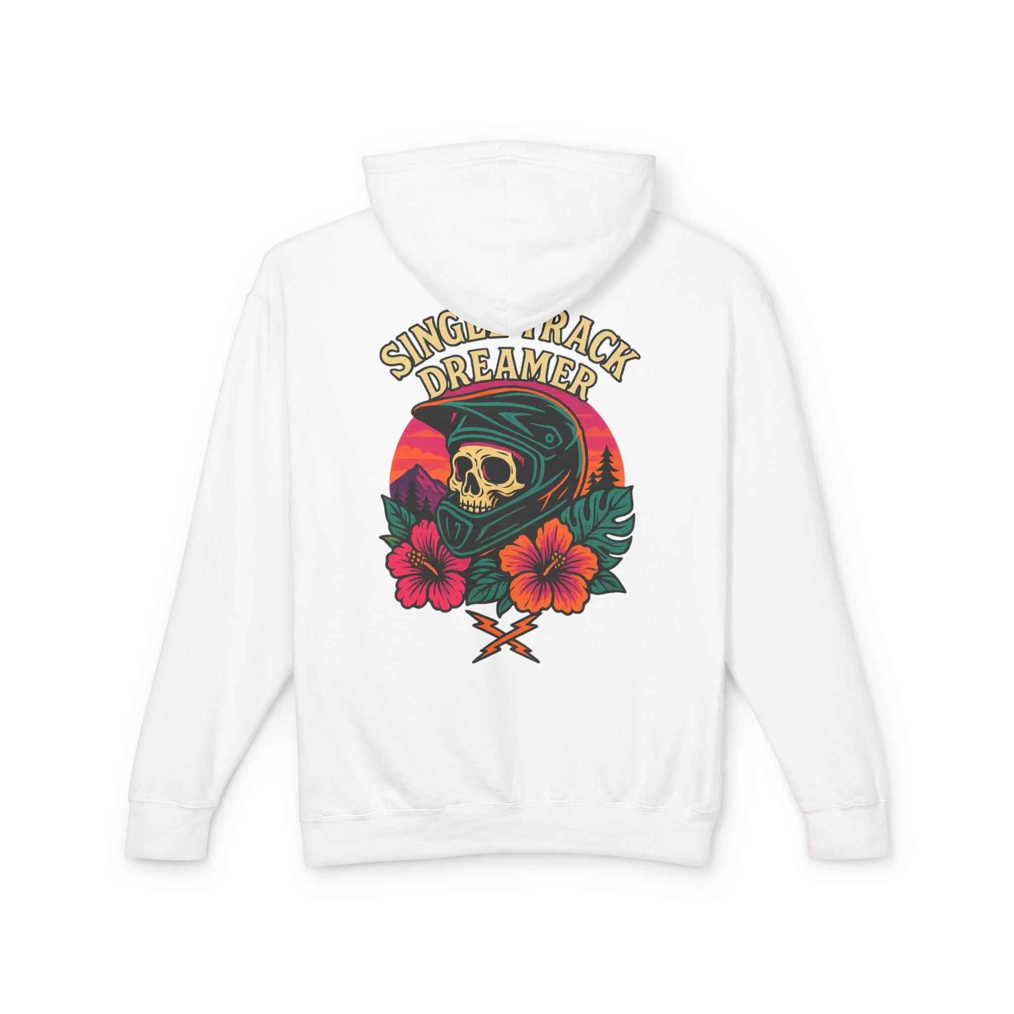 Back view of white Skull Sunset Lightweight Hoodie for Adventure Lovers with bold skull helmet, sunset, and hibiscus graphic.