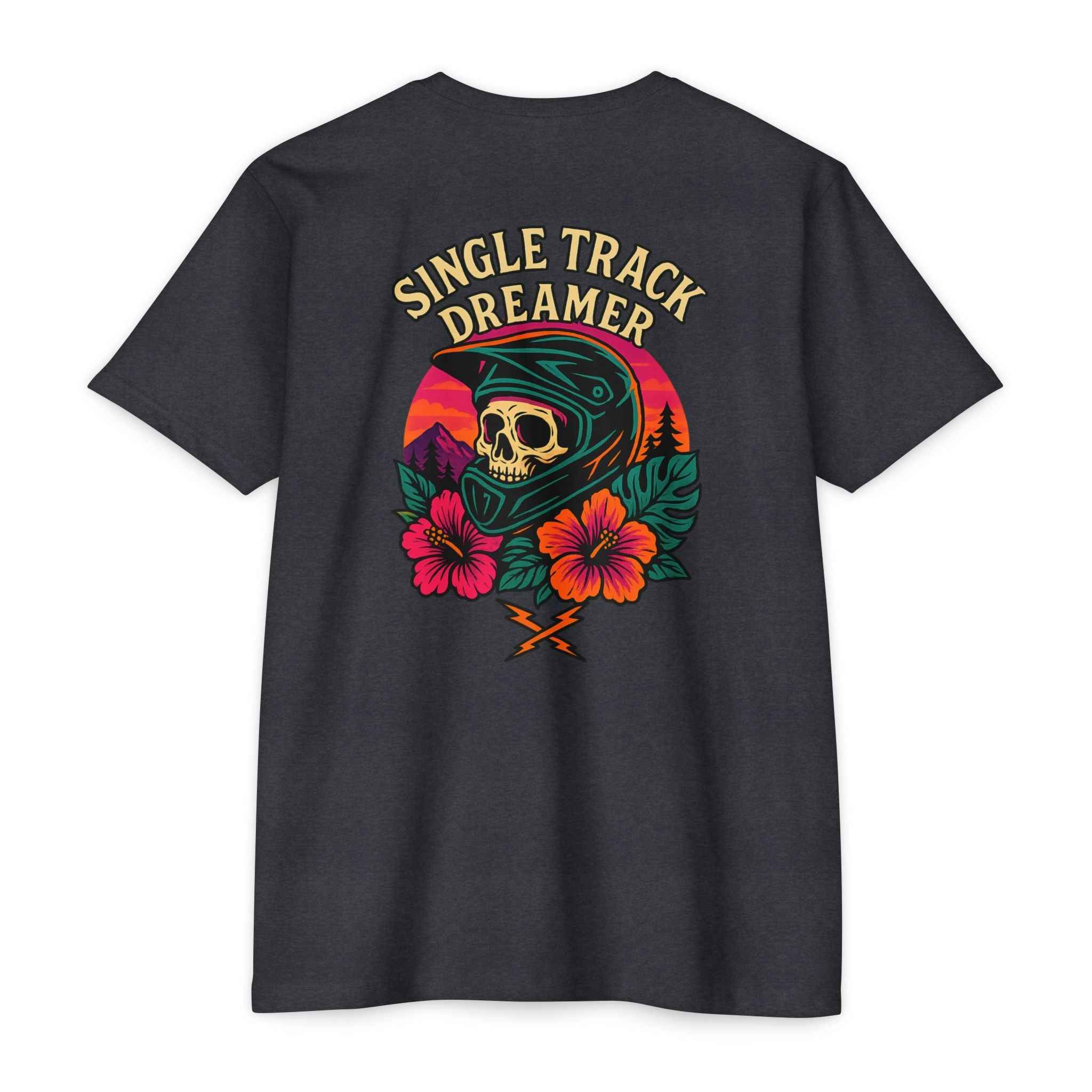 Black t-shirt with 'Single Track Dreamer' graphic on the back