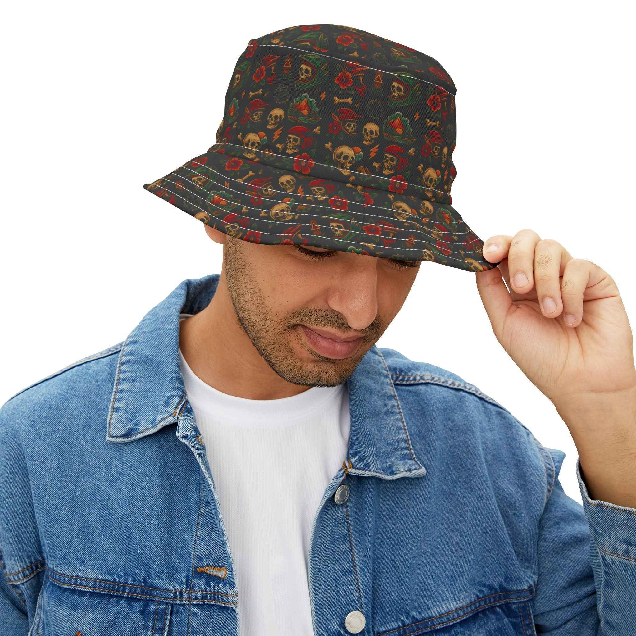Man wearing Skull Bucket Hat with skull and flower design, showcasing a cool streetwear accessory for after-ride or festival outfits.
