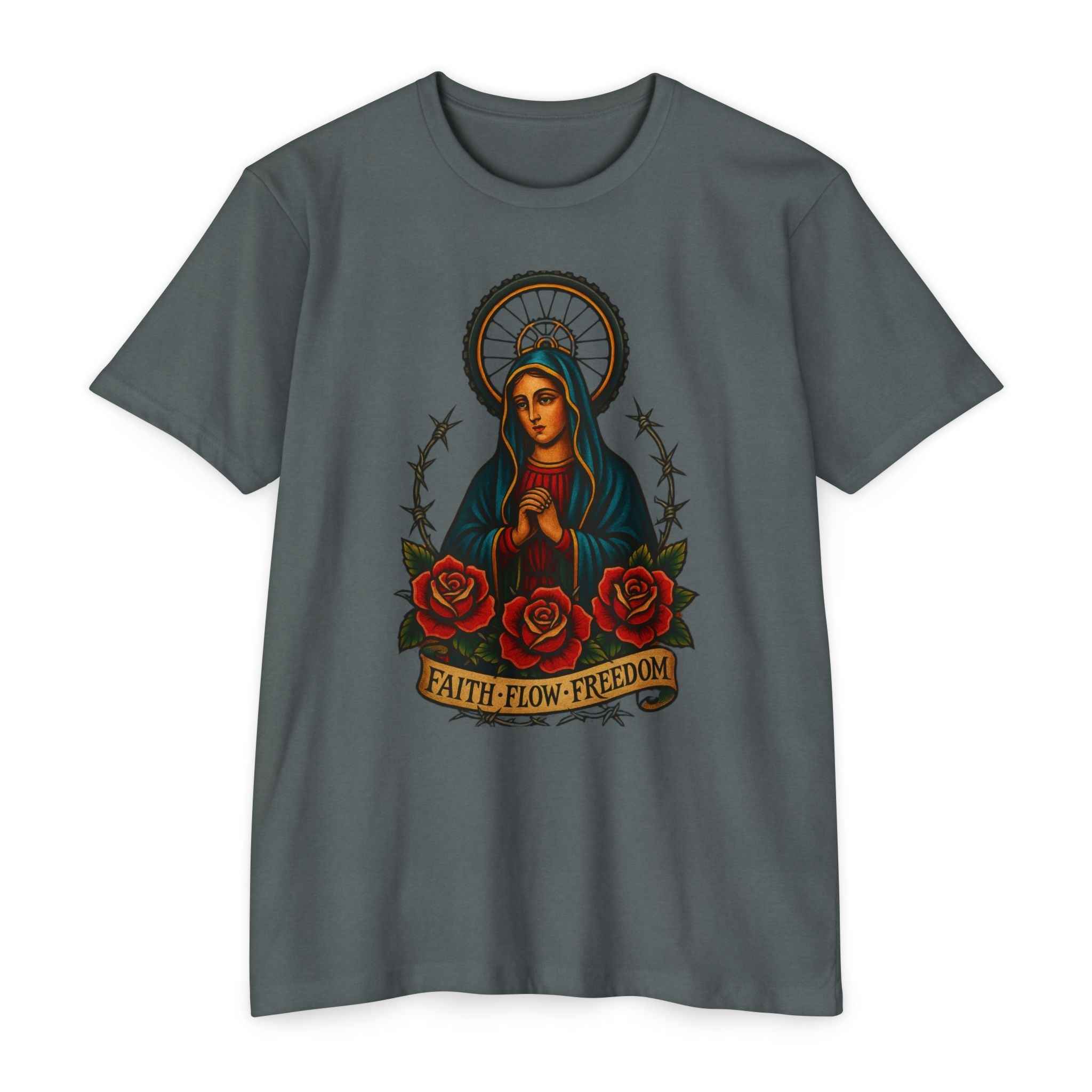 Men's Inspirational Tee - Faith Flow Freedom in gray with a vibrant Virgin Mary graphic, roses, and halo, ideal for faith-based casual wear.