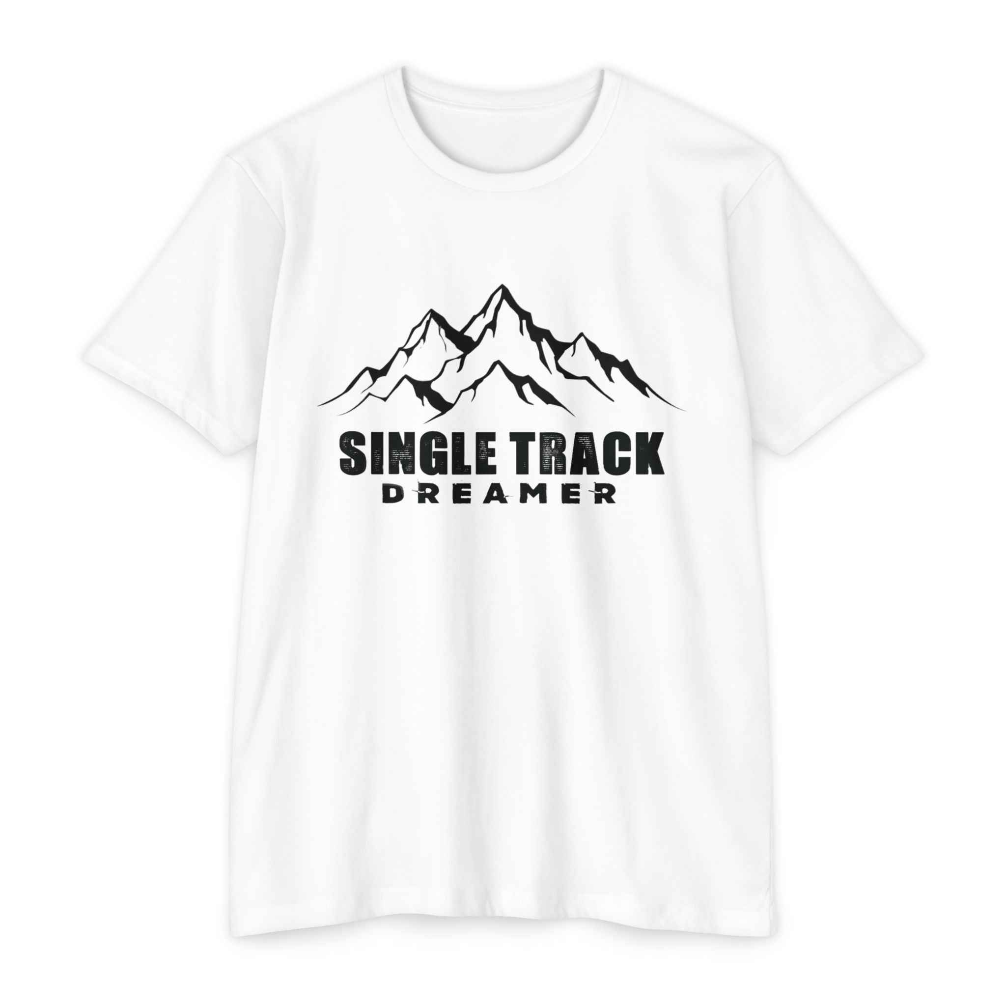 White Men's Mountain Adventure T-Shirt by Single Track Dreamer featuring black mountain graphic and bold text, ideal for outdoor enthusiasts.