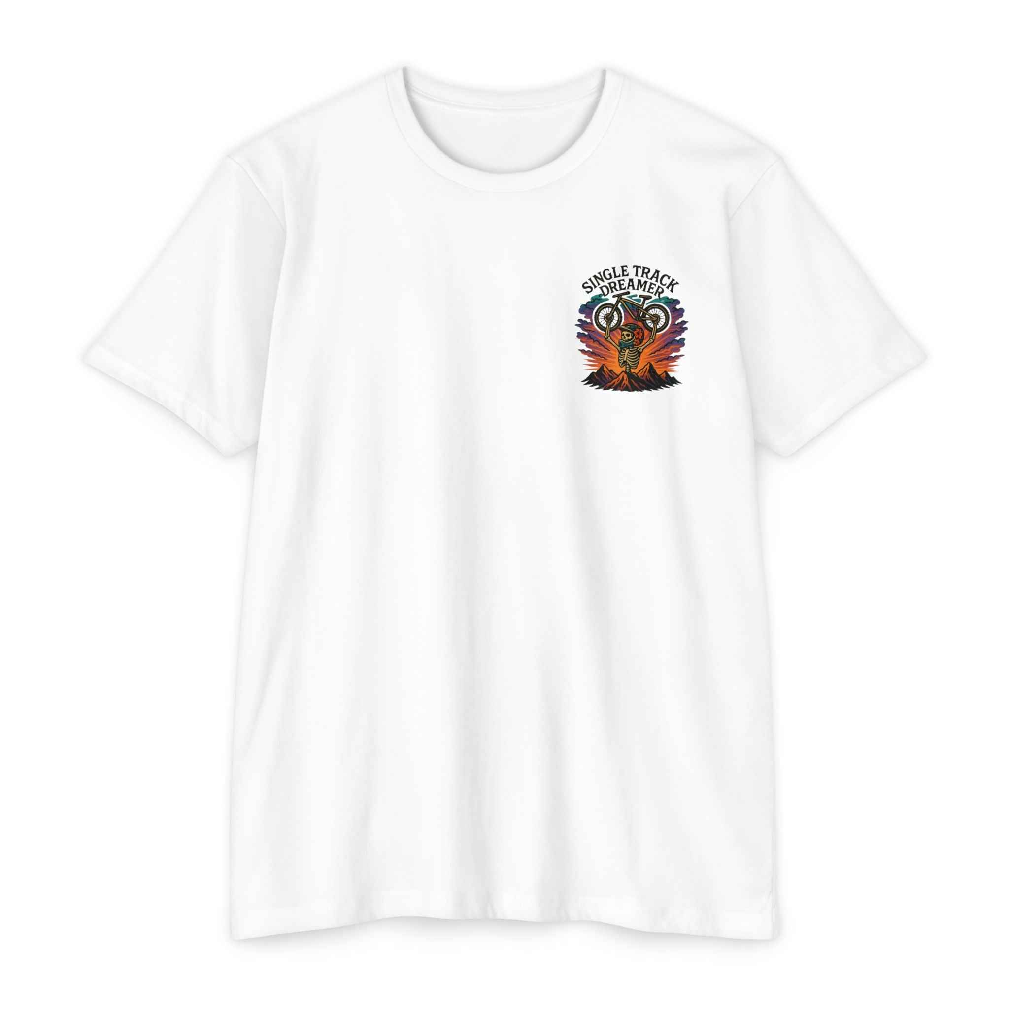 White t-shirt with a colorful graphic design on a white background