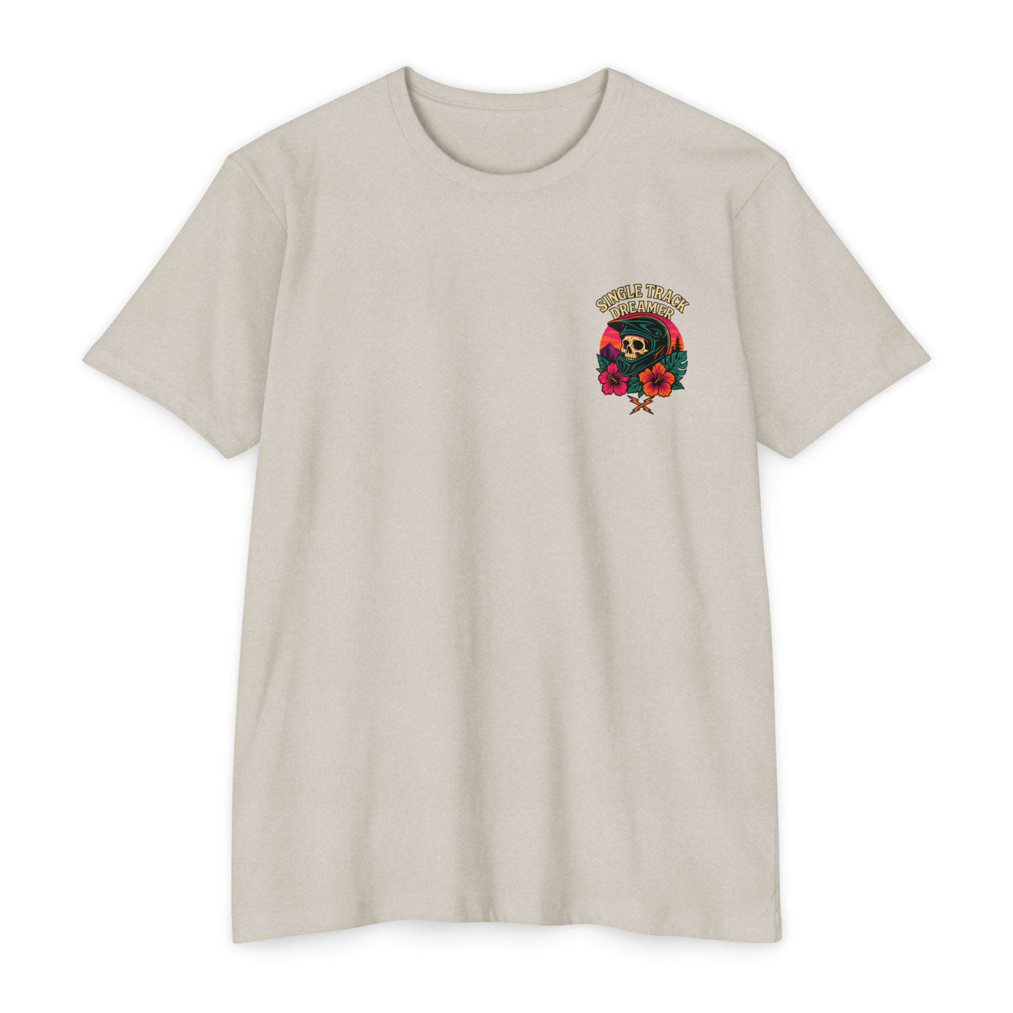 Beige t-shirt with a colorful graphic design on a white background