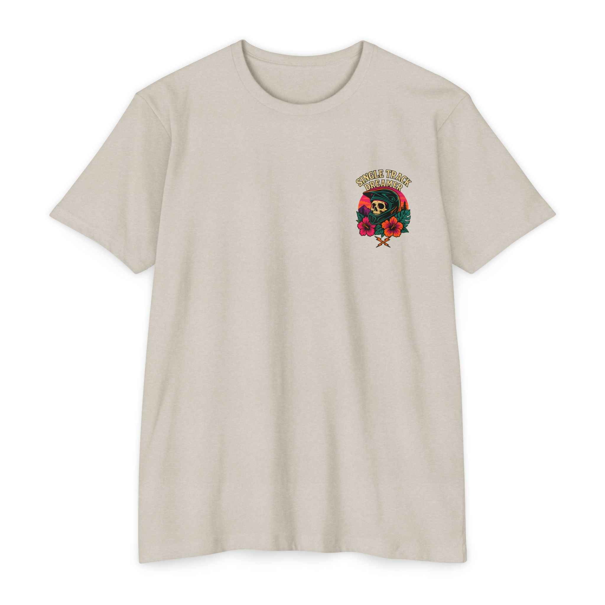 Beige t-shirt with a colorful graphic design on a white background