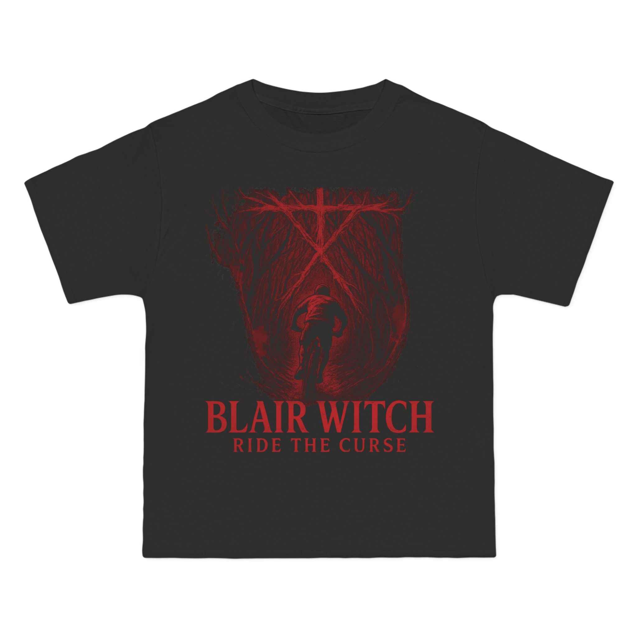 Blair Witch Graphic T-Shirt featuring red forest silhouette and biker under Blair Witch symbol with 'Ride the Curse' text, perfect for horror fans.