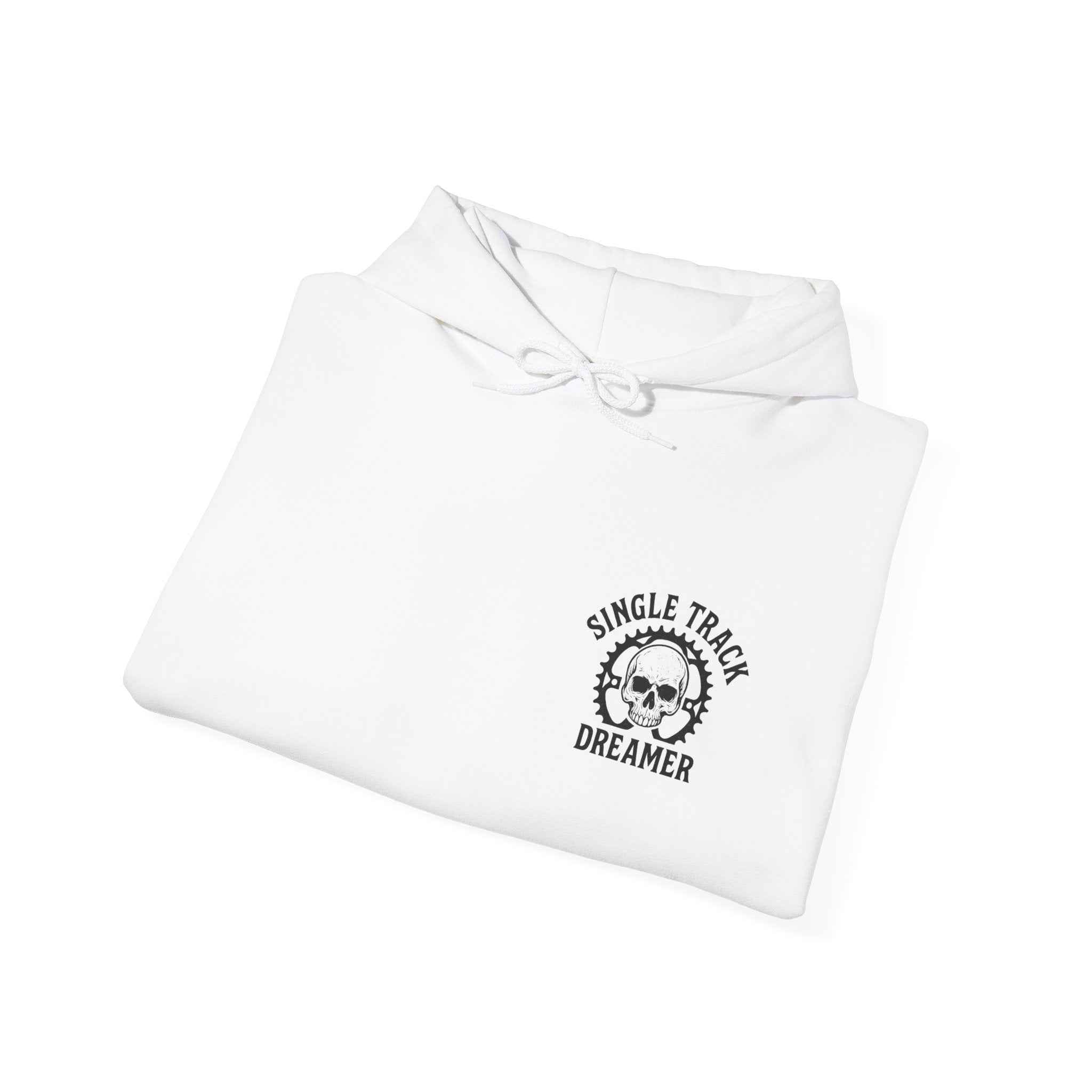 Folded white Men's Hooded Sweatshirt - Everyday Comfort with front chest logo 'Single Track Dreamer', ideal unisex hoodie for everyday use.