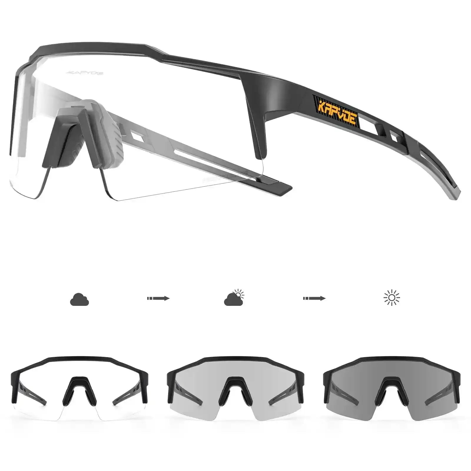 Kapvoe photochromic cycling glasses with UV400 protection. Lens adapts to light conditions for optimal visibility and comfort.