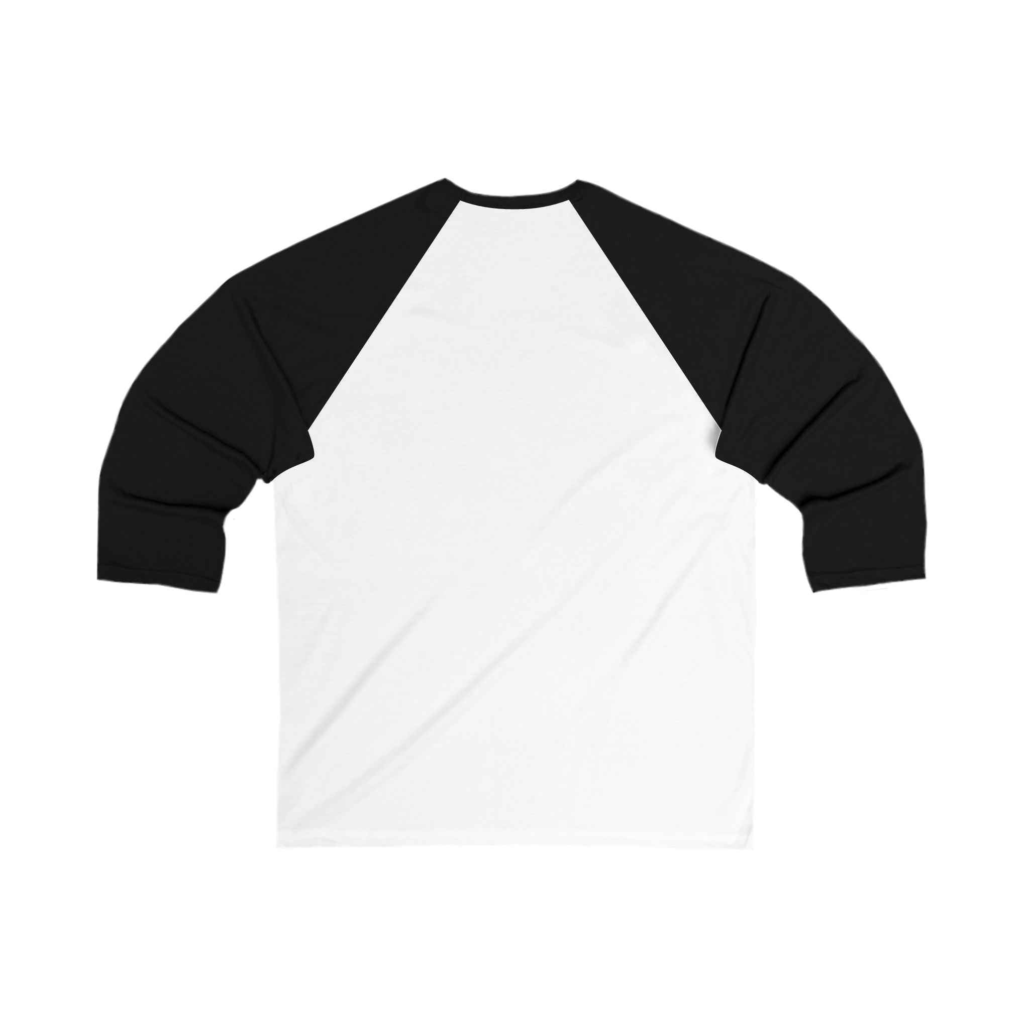 Back view of white unisex 3/4 sleeve tee with black raglan sleeves, offering a relaxed fit for versatile casual and athletic wear.