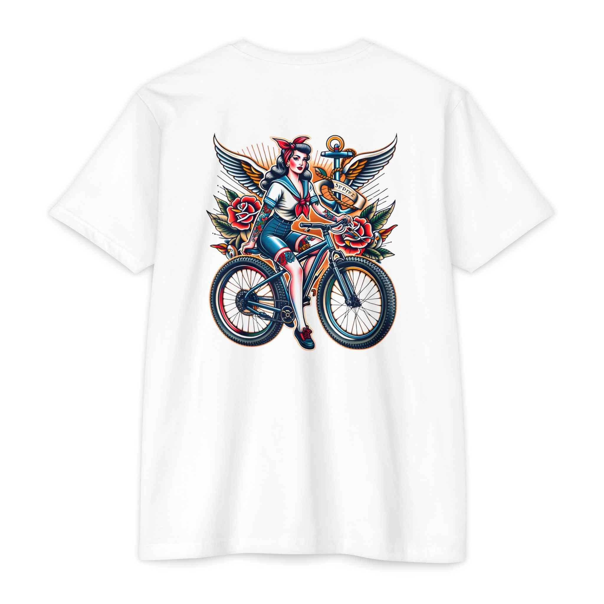 White t-shirt with a colorful graphic of a woman on a bicycle on the back, on a white background.