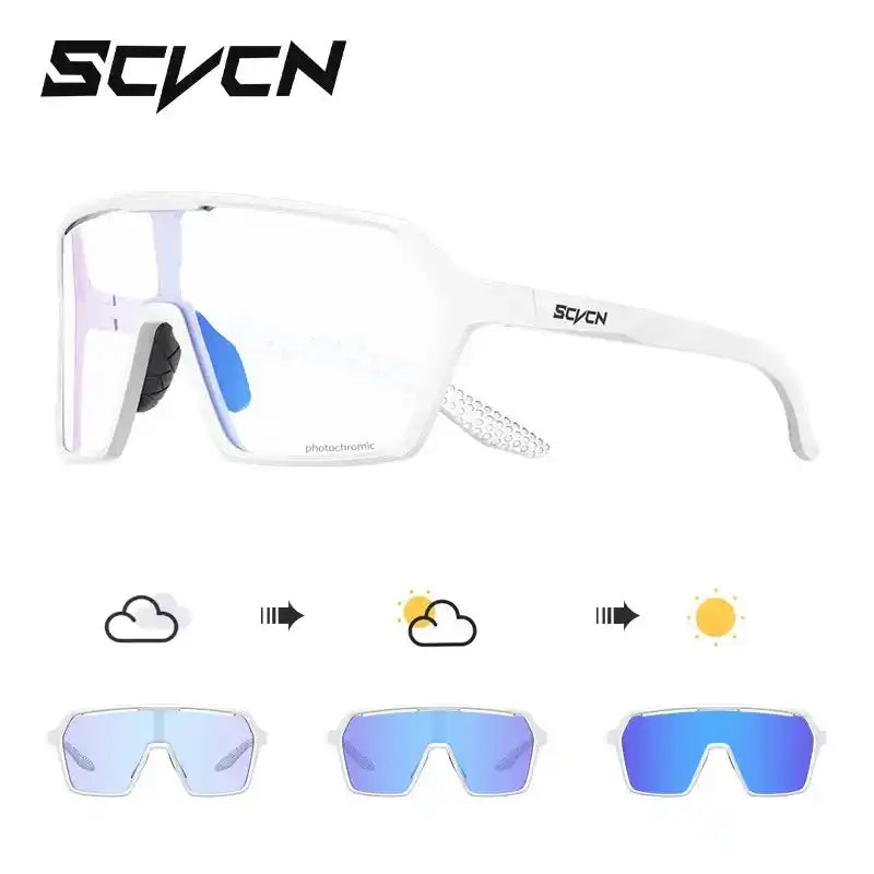 SCVCN Cycling Glasses in white with blue photochromic UV400 lenses that transition from clear to vivid blue for sun-sensitive cycling.