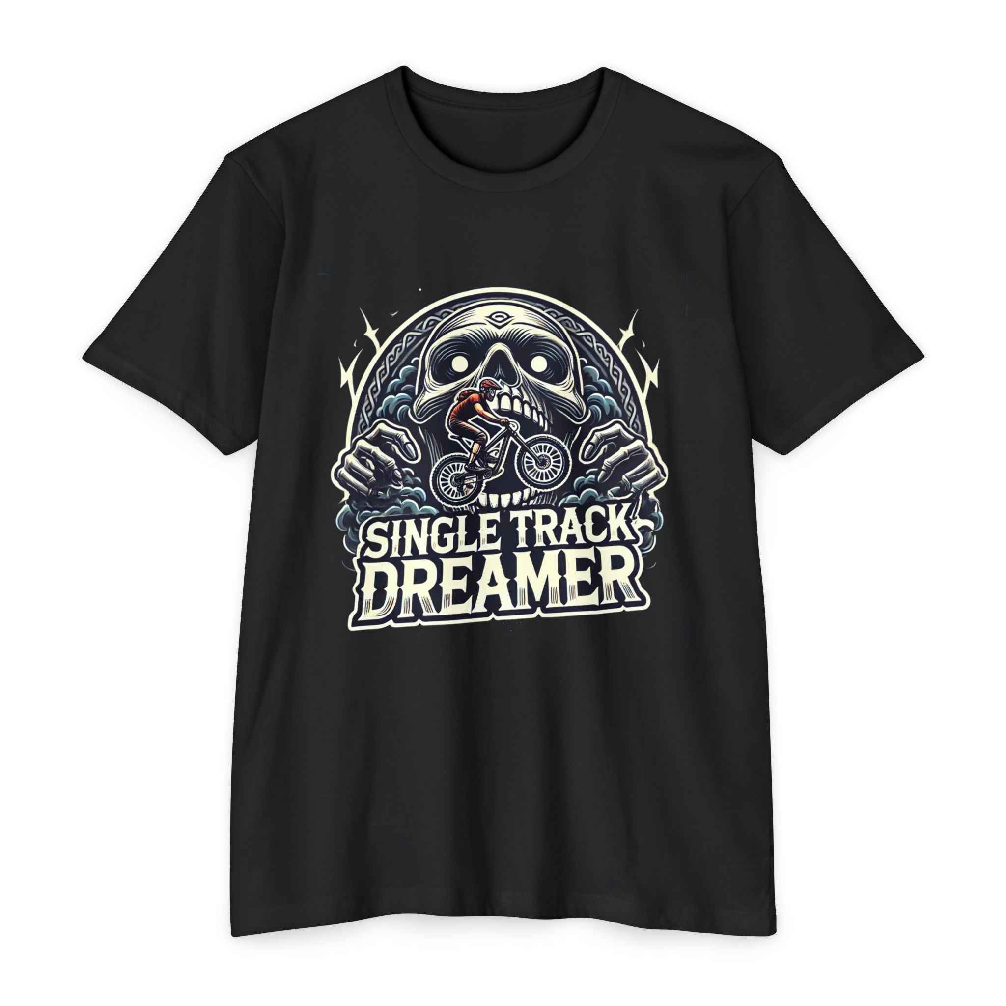 Black Men’s Trail Dreamer T-shirt featuring a striking skull and mountain biker design with 'Single Track Dreamer' slogan, perfect for MTB lifestyle wear.