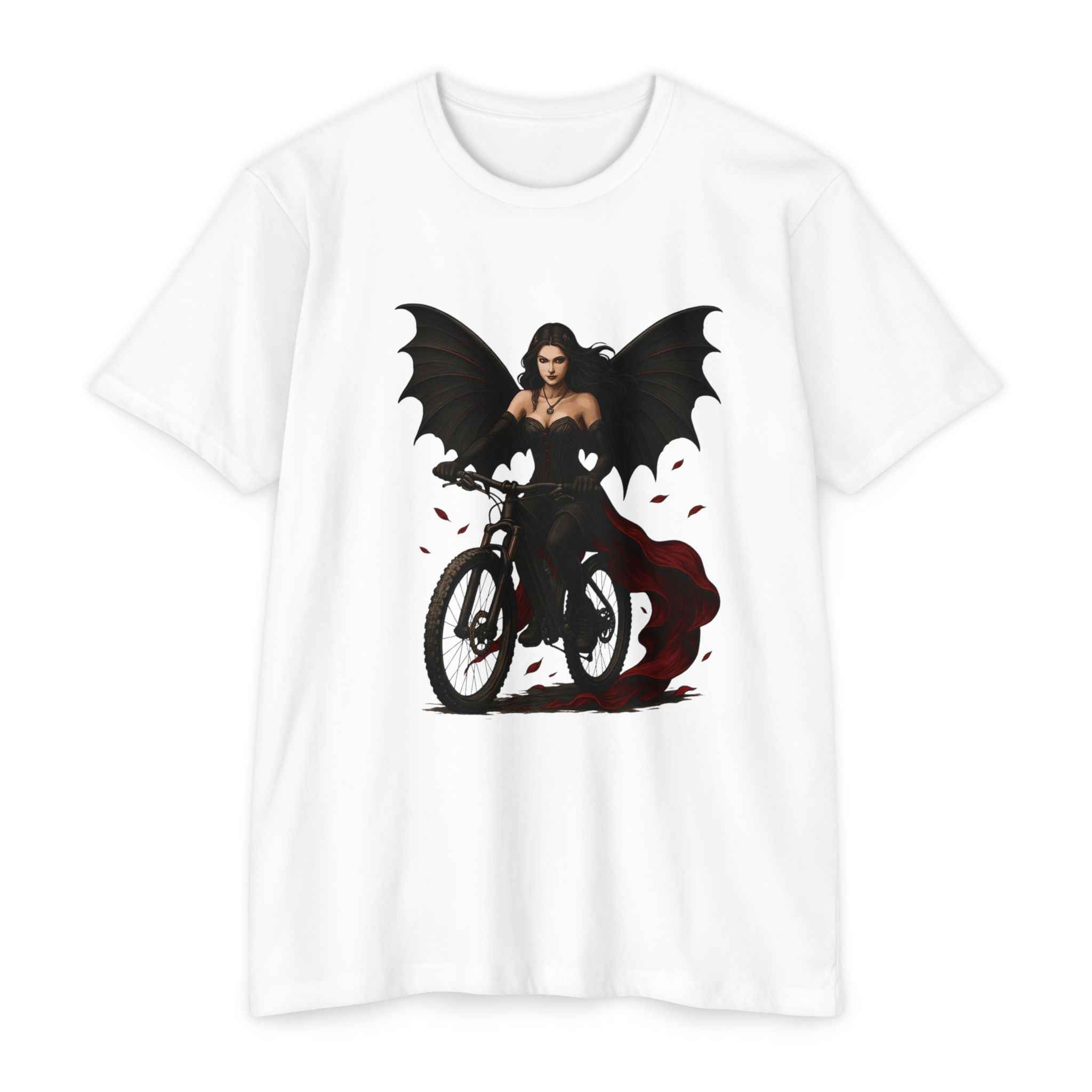White Adventure T-Shirt - Women's Mountain Bike with striking gothic biker angel print, combining comfort and bold trailblazer style.