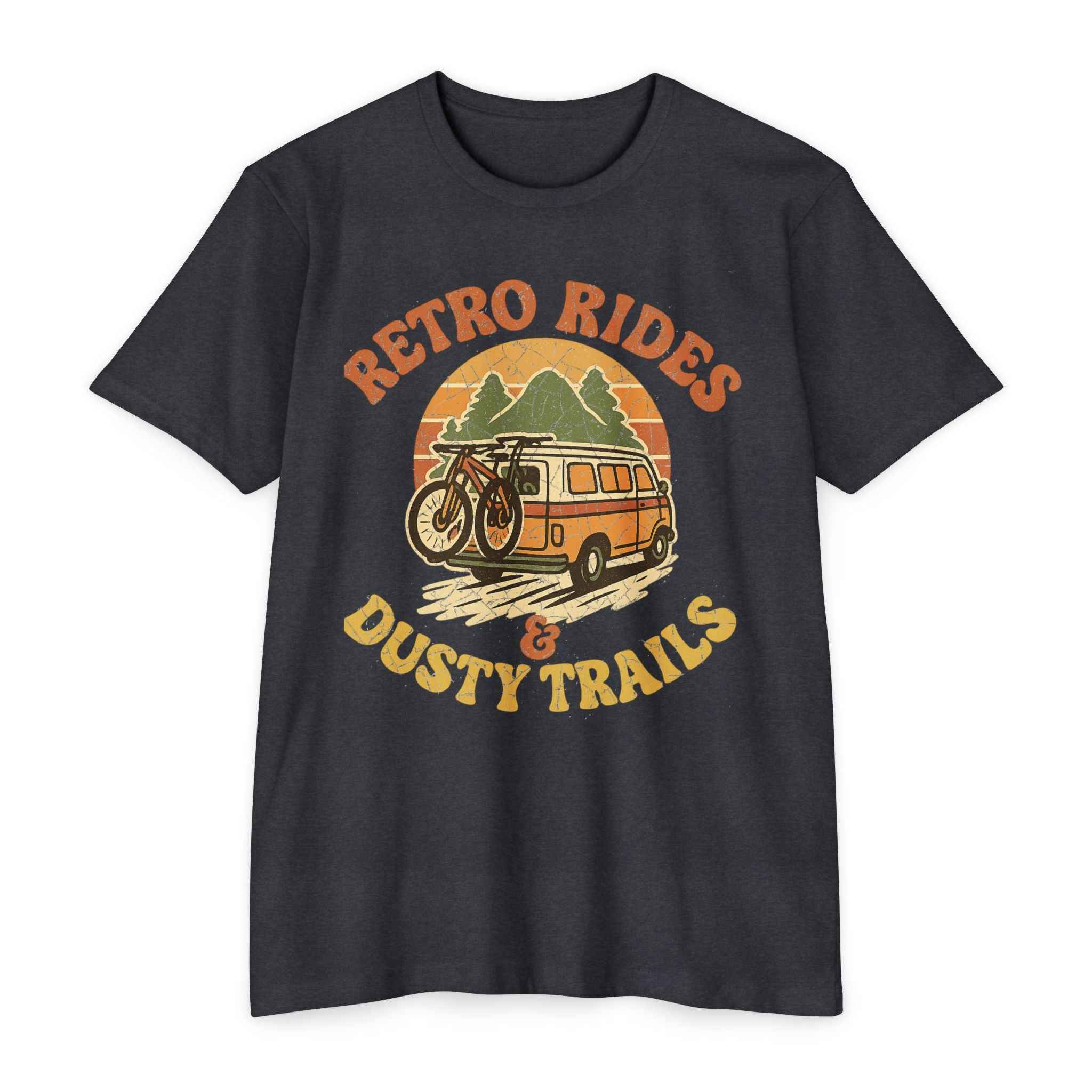Charcoal black women's retro MTB graphic t-shirt with a bold vintage cycling design. Stylish and durable for mountain biking fans.