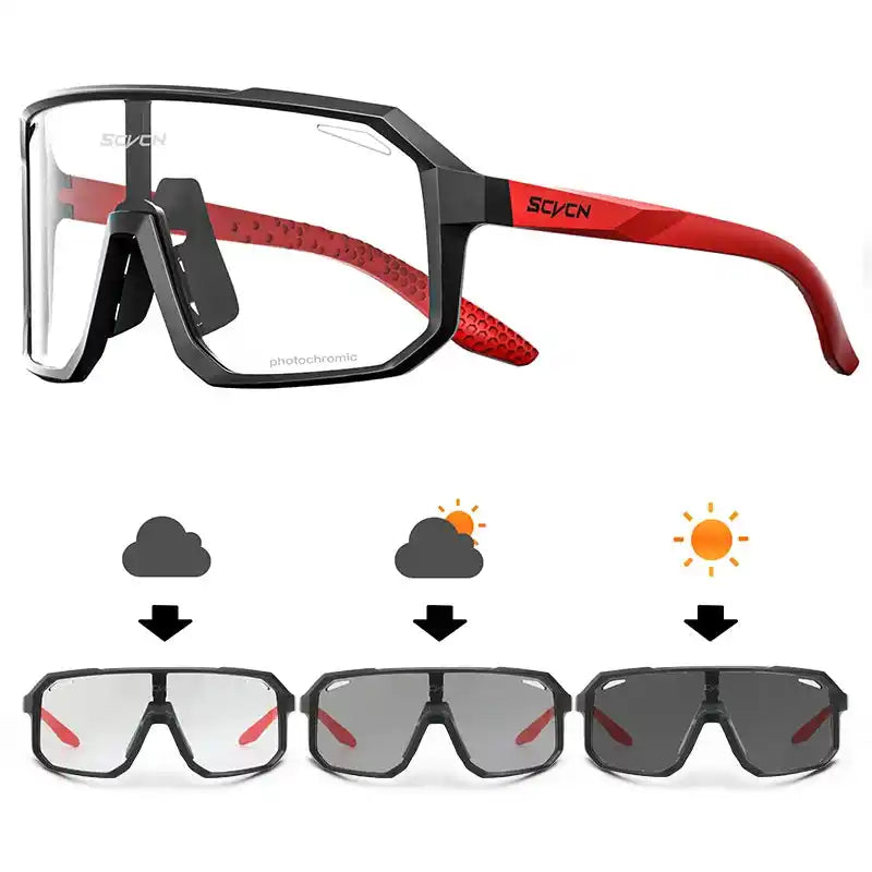 Photochromic SCVCN HOT MTB cycling sunglasses in black and red, adjusting to light with UV400 protection for all-weather sports.
