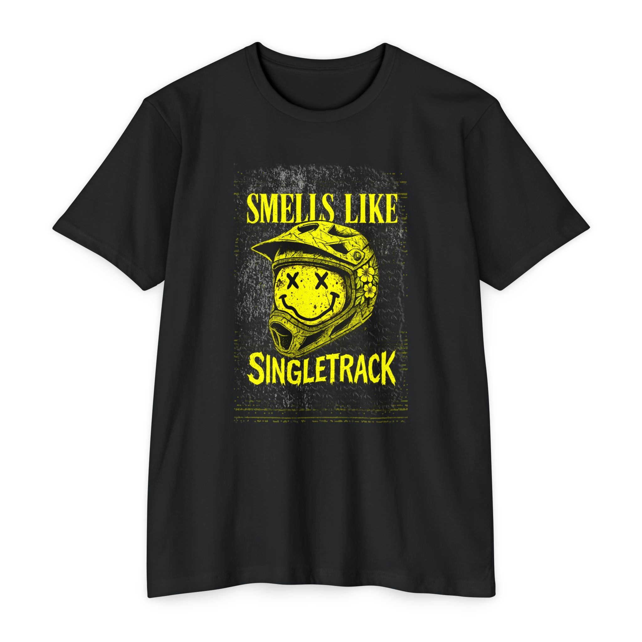 Black t-shirt with yellow graphic and text 'Smells Like Singletrack' on a white background