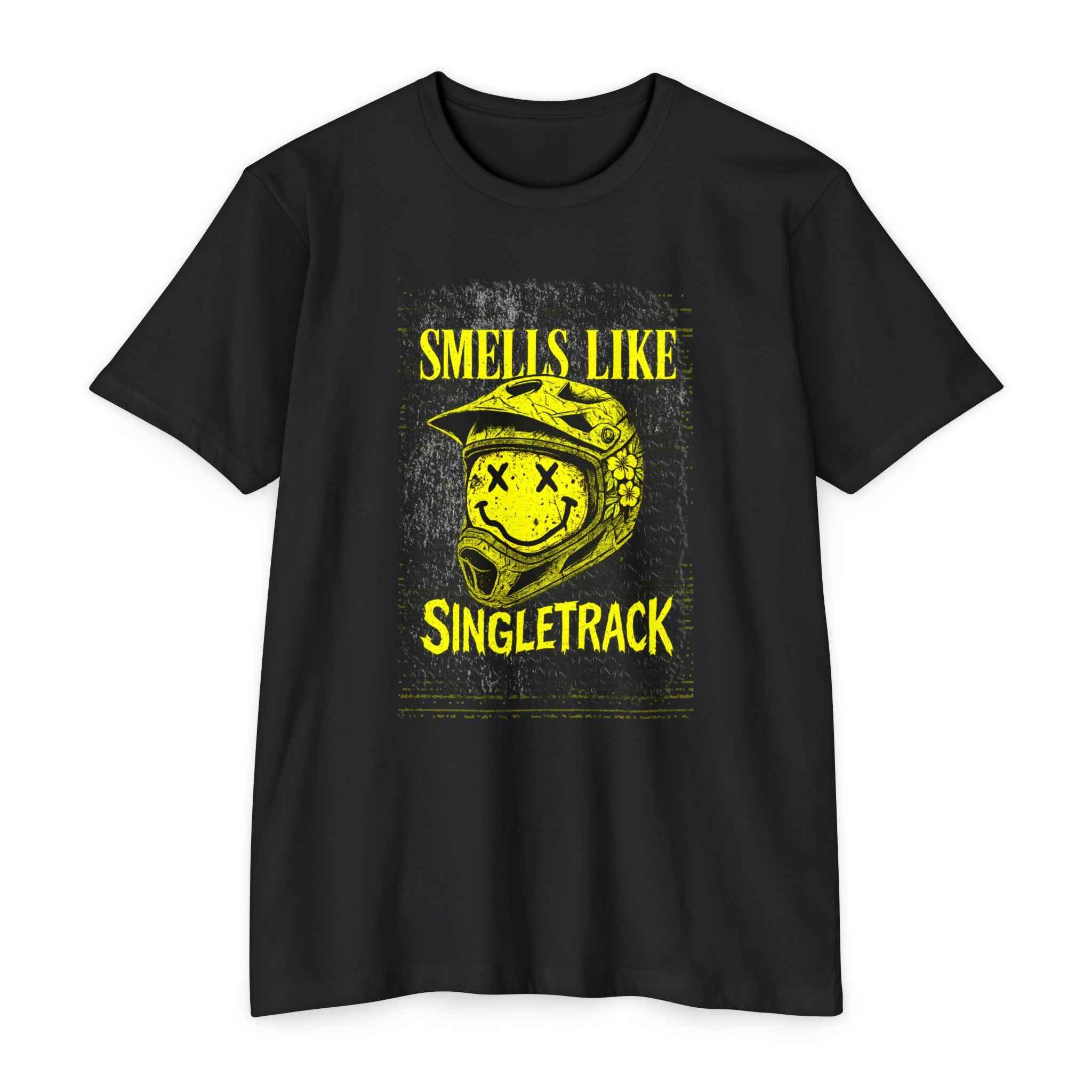 Black Singletrack Mountain Biker T-Shirt showcasing a grunge-style yellow helmet graphic. Cool graphic apparel for active lifestyle fans.