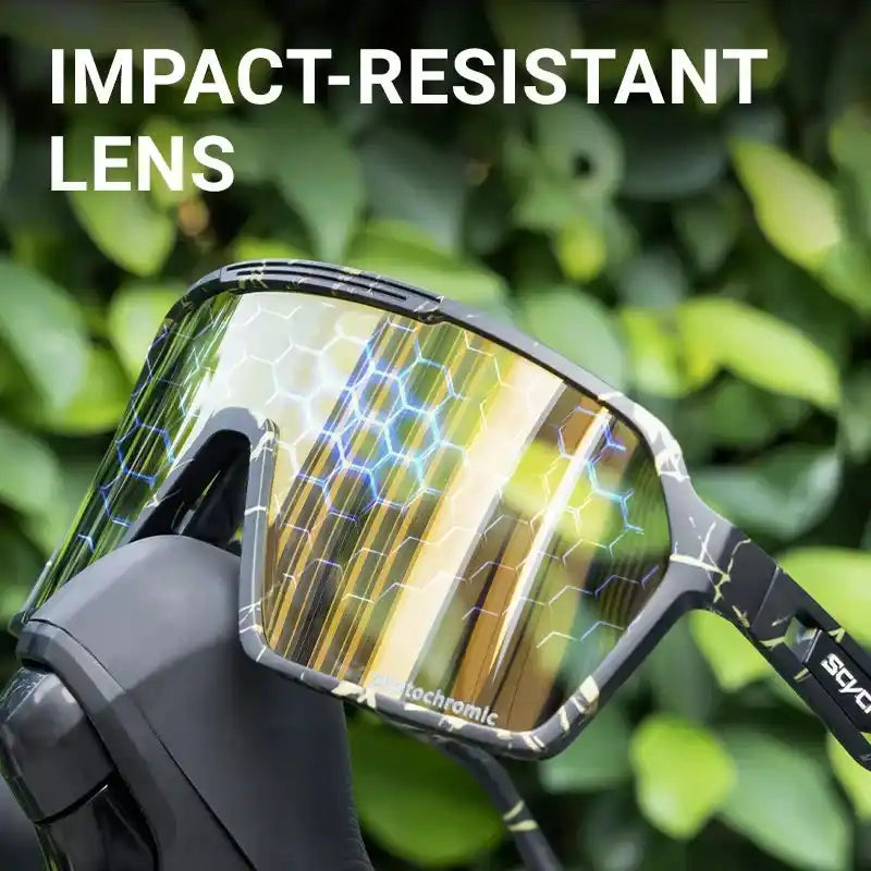 Close-up of SCVCN sunglasses lens showing impact-resistant technology. Designed for durability and safety in high-performance sports.