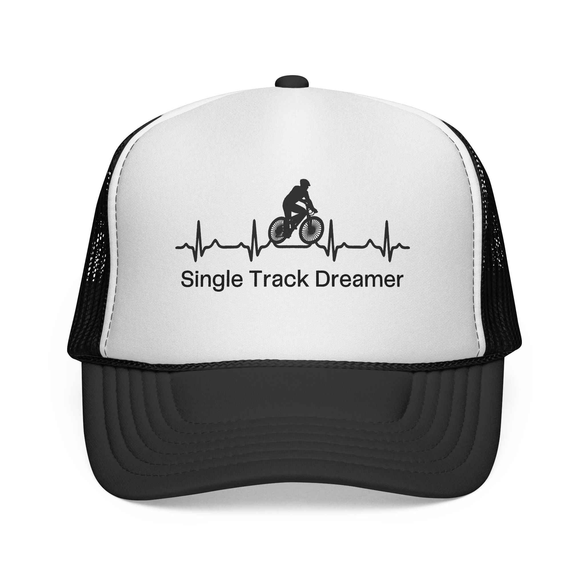 Front-facing custom trucker cap featuring cyclist silhouette and heartbeat line, a stylish accessory for mountain biking fans.
