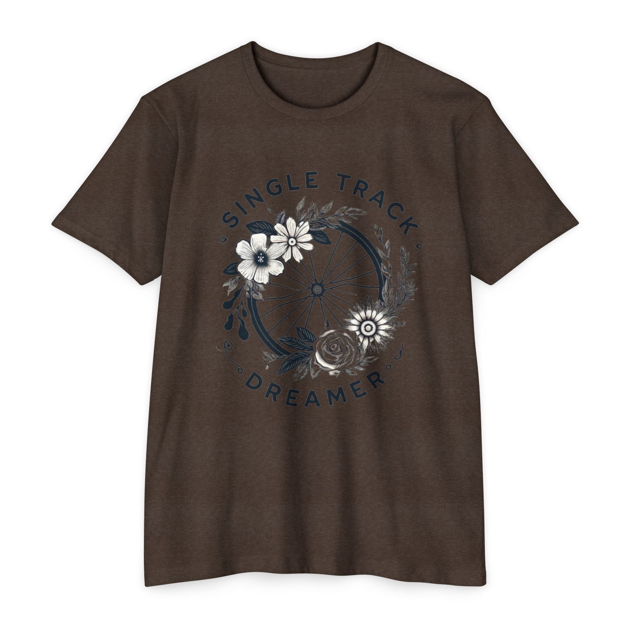 Dark brown Women's MTB Tee with floral bike wheel print and 'Single Track Dreamer' text. Perfect for trail riders seeking comfort and flair.