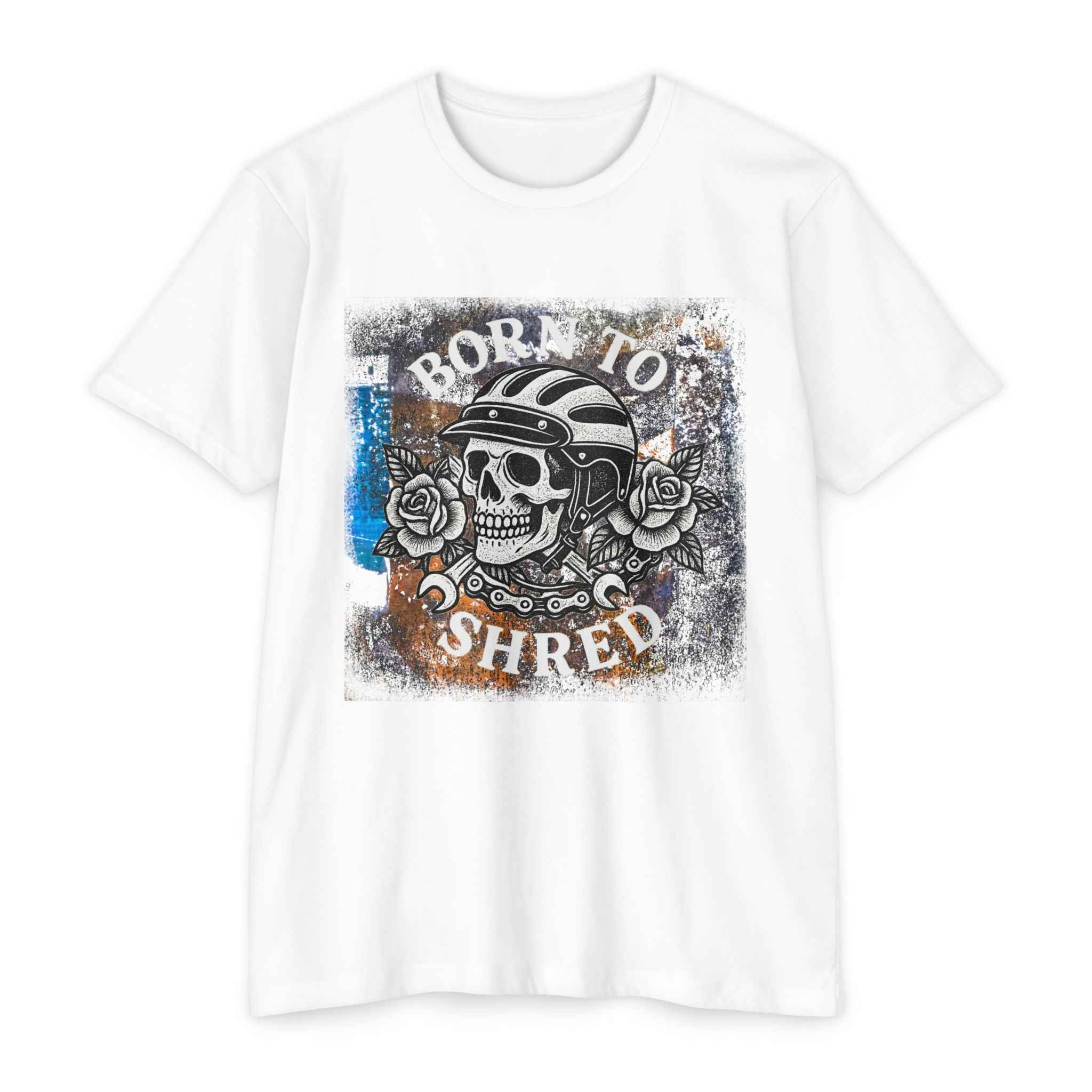 White Skull Women's Tee with bold skull helmet design and 'Born to Shred' text, perfect for summer fashion and casual wear.