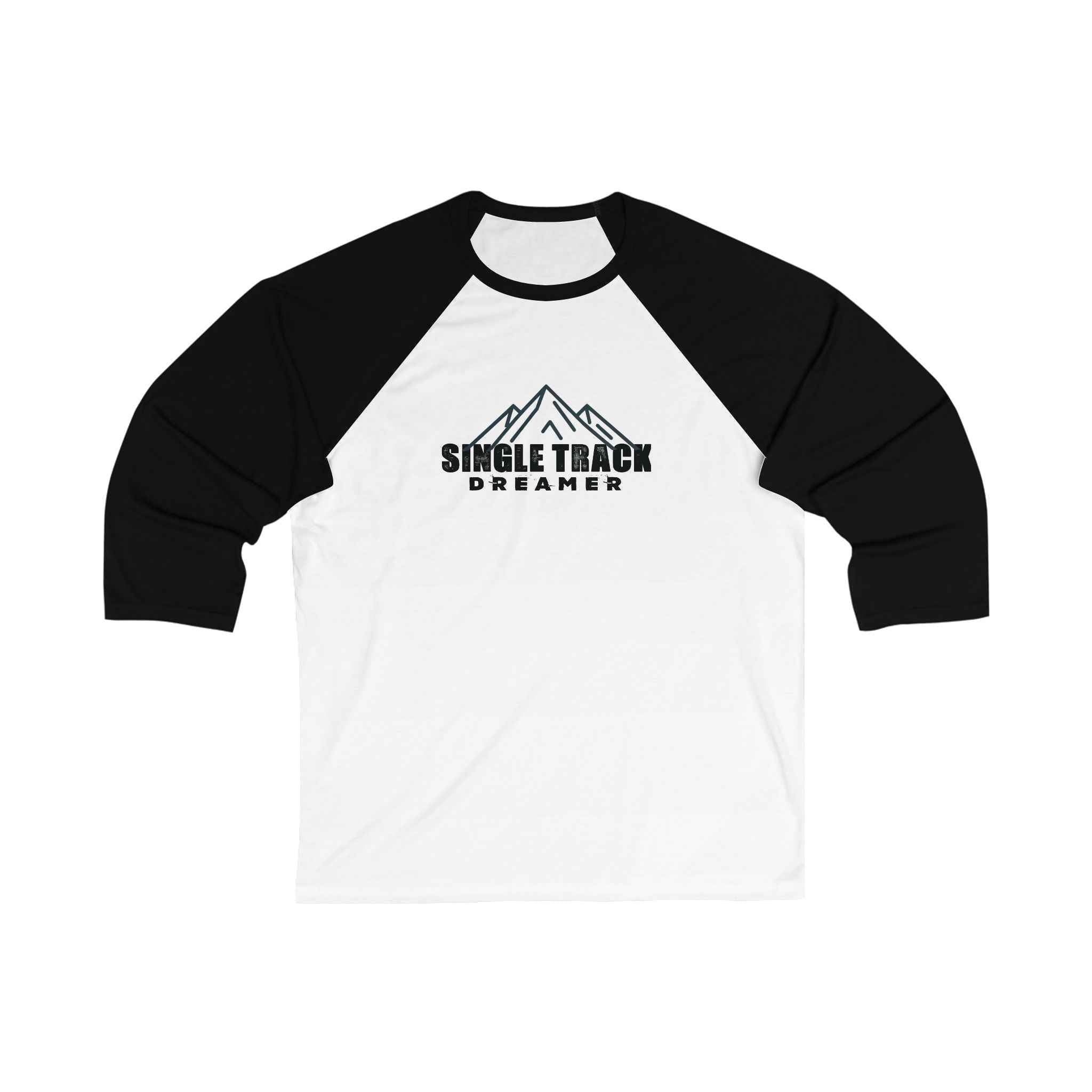 Unisex Baseball Tee Adventure with 'Single Track Dreamer' mountain graphic, black 3/4 sleeves and white body, ideal for outdoor lovers.
