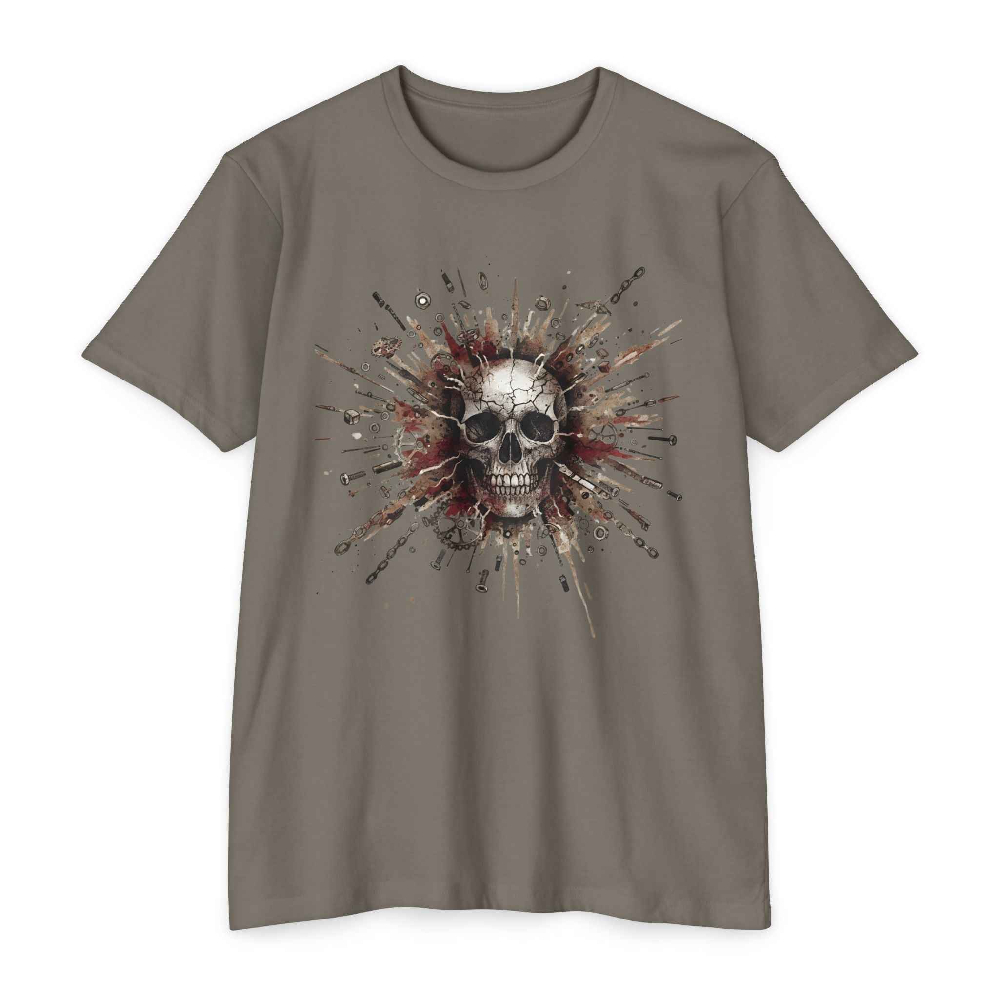 MTB Skull Chain T-Shirt in stone gray featuring a bold skull and chain burst design, ideal for extreme mountain biking and punk streetwear looks.