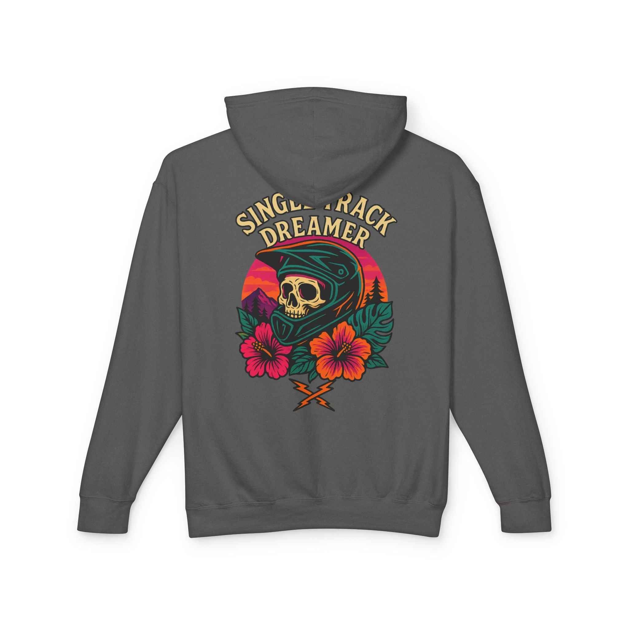 Back of charcoal gray Skull Sunset Lightweight Hoodie for Adventure Lovers showcasing large tropical skull and sunset design.