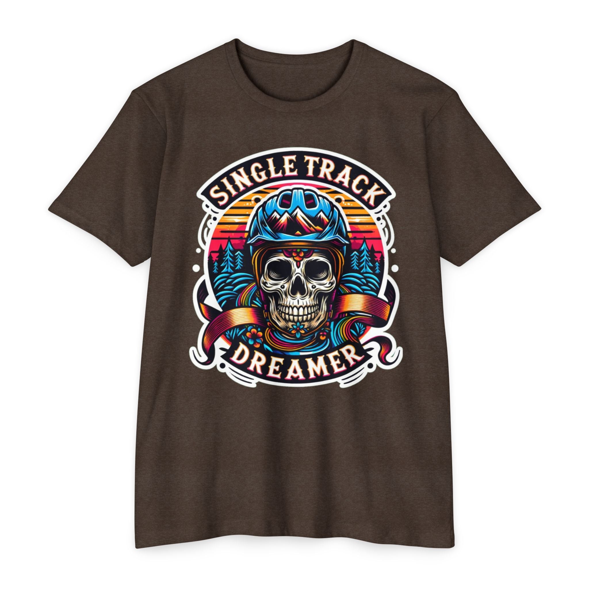 Brown Vintage Skull Rider Tee featuring colorful skull helmet design and retro biker theme, ideal for mountain bike and adventure riders.