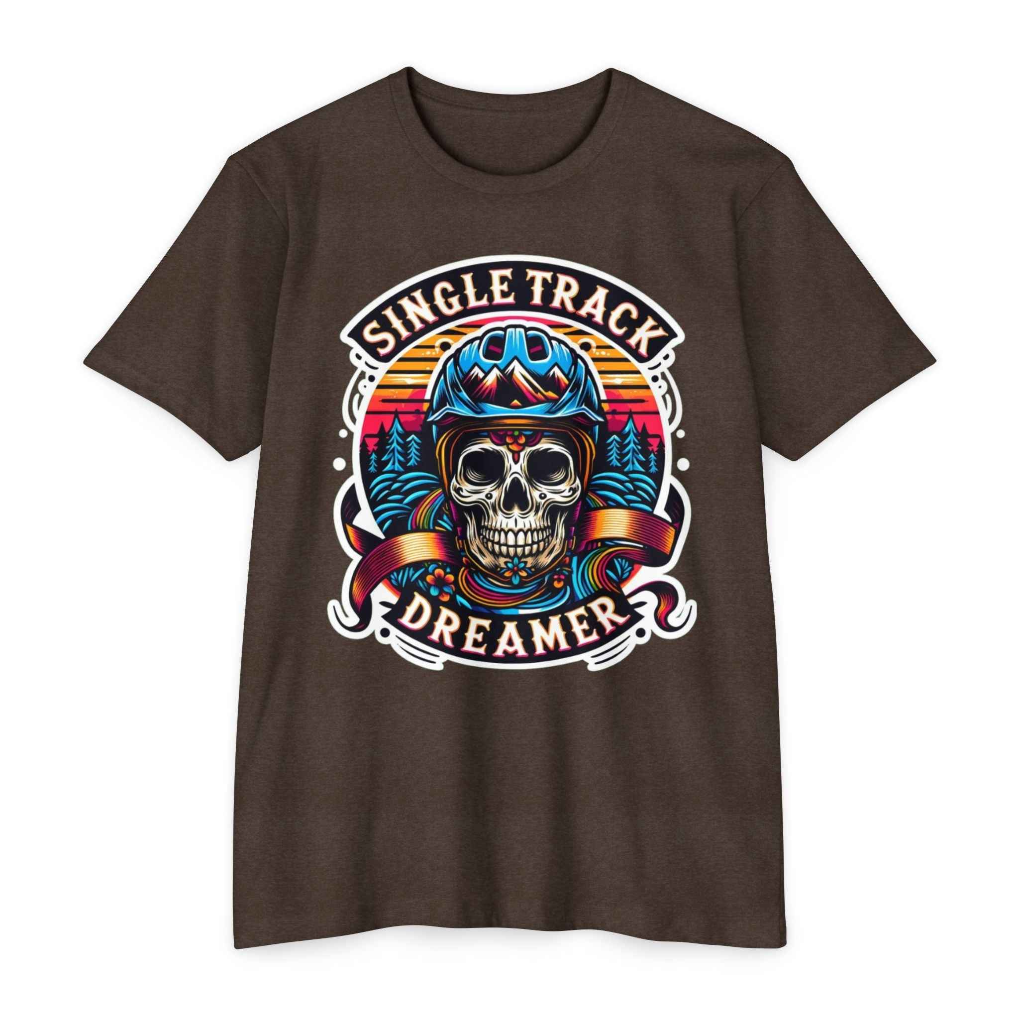 Brown Vintage Skull Rider Tee featuring colorful skull helmet design and retro biker theme, ideal for mountain bike and adventure riders.