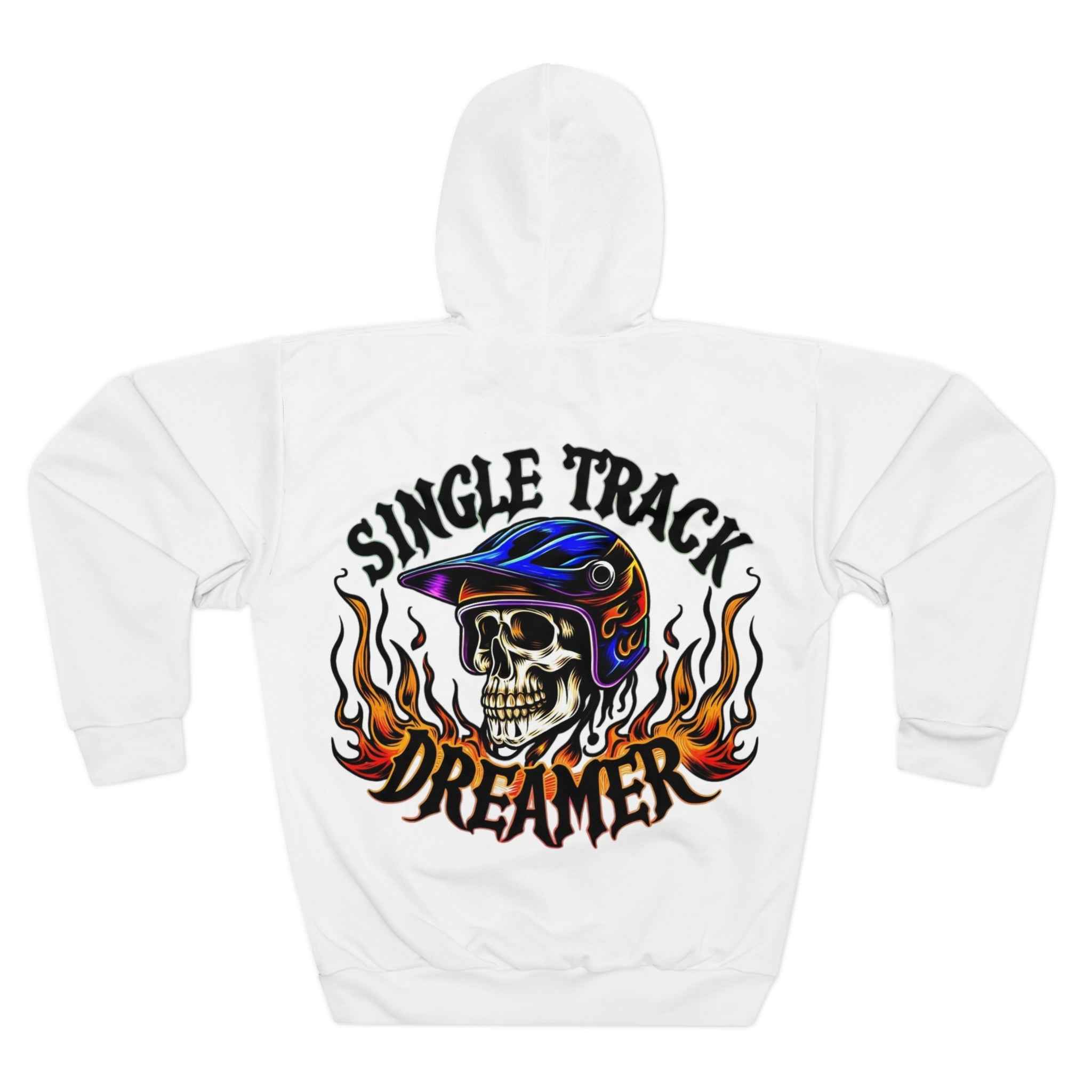 Back view of the Flaming Skull MTB Hoodie with a large flaming skull in helmet graphic and 'Single Track Dreamer' text, perfect for extreme riders.