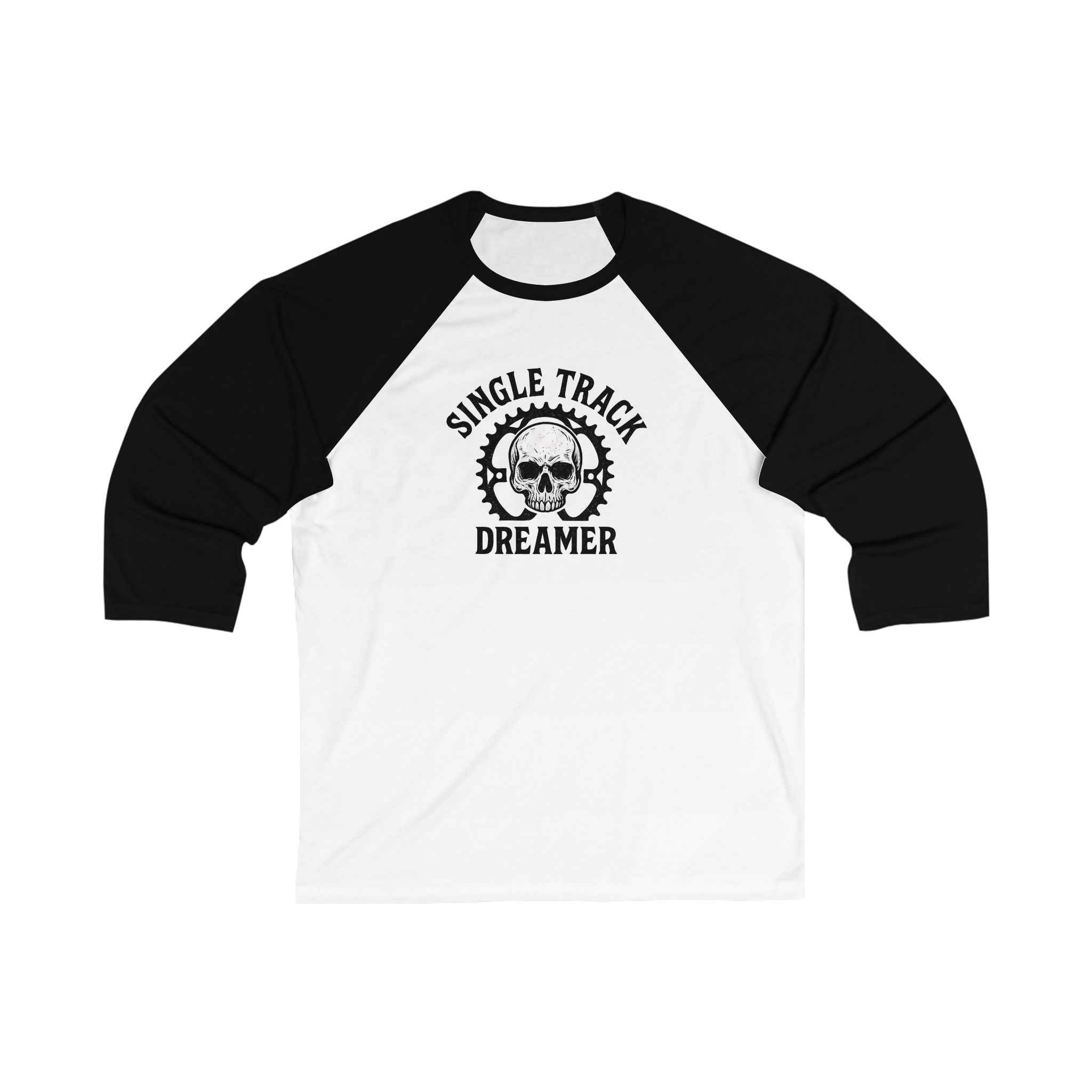 Unisex 3/4 sleeve tee in white with black sleeves featuring 'Single Track Dreamer' skull graphic, ideal for casual and cycling wear.