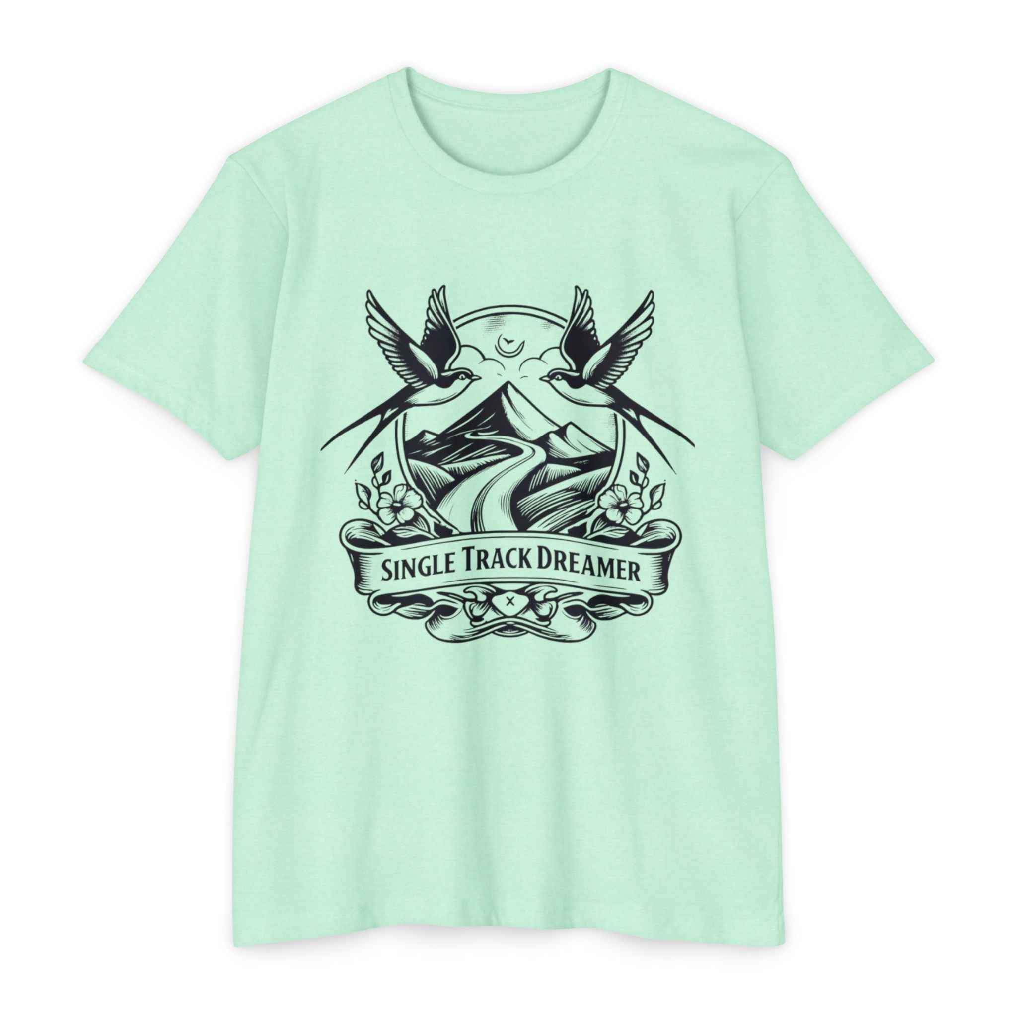 Women's MTB Tee - Vintage Rider Spirit Tee in mint green with mountain and swallow tattoo design, soft breathable cotton-poly blend.
