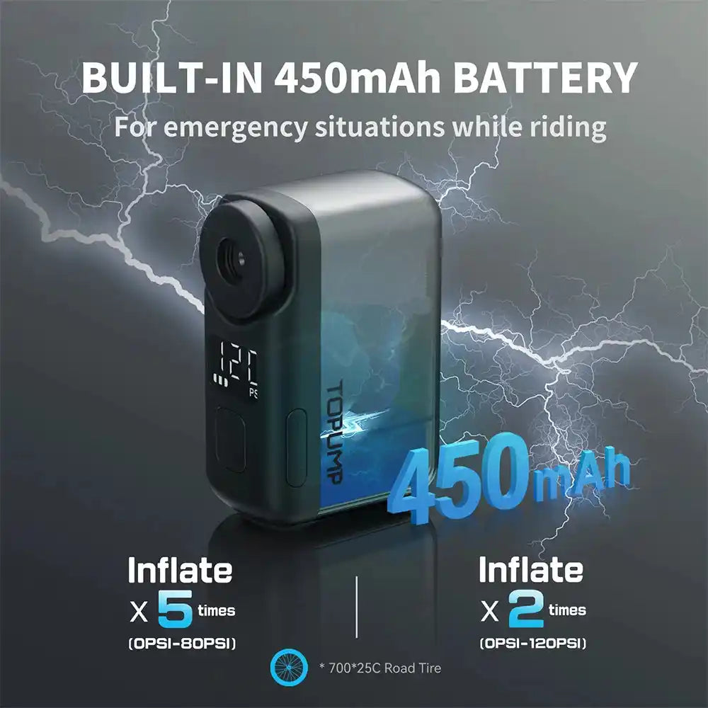 TOPUMP TB2 PRO cordless inflator with built-in 450mAh battery, ideal for emergency bike tire inflation up to 120 PSI on the go.