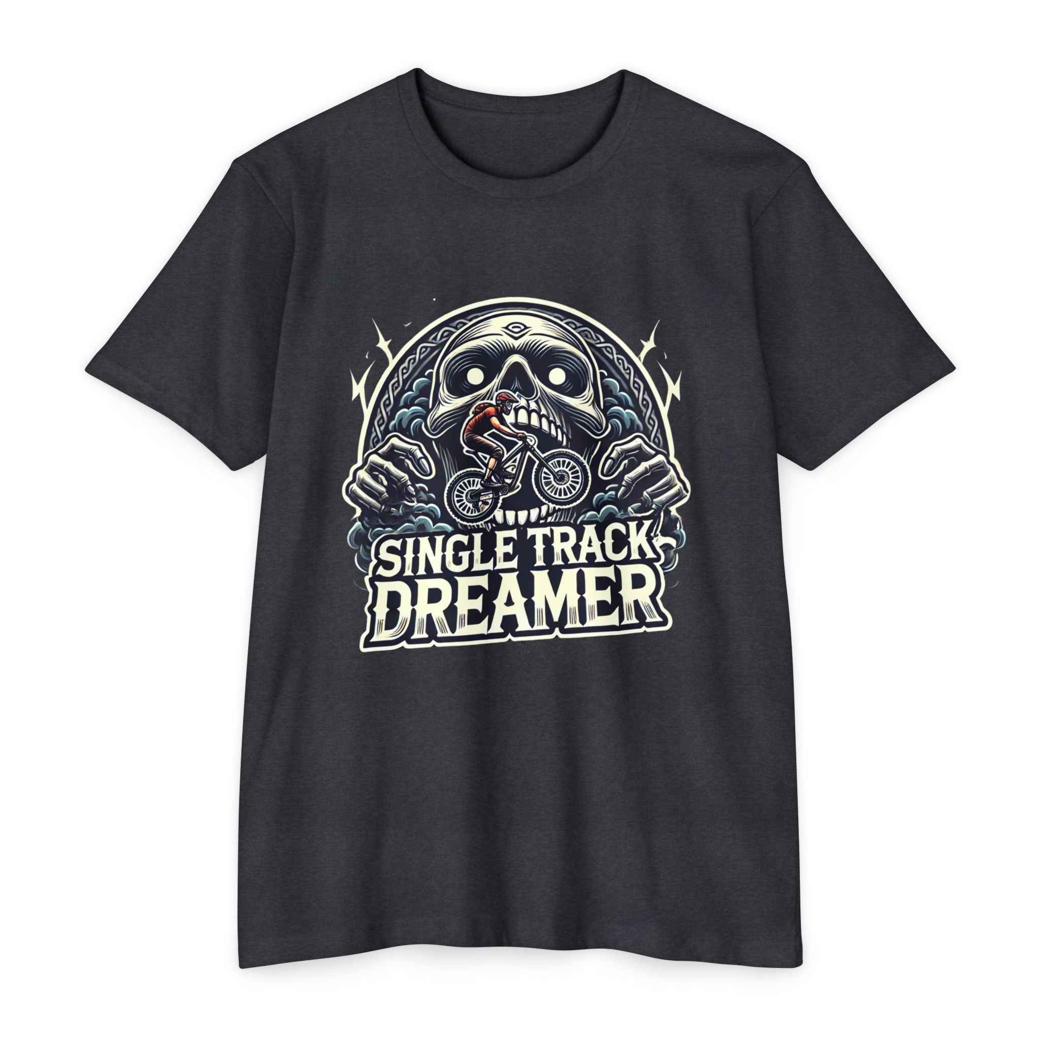 Men’s Trail Dreamer T-shirt in charcoal with bold skeleton biker graphic and 'Single Track Dreamer' text, ideal for mountain bike enthusiasts.