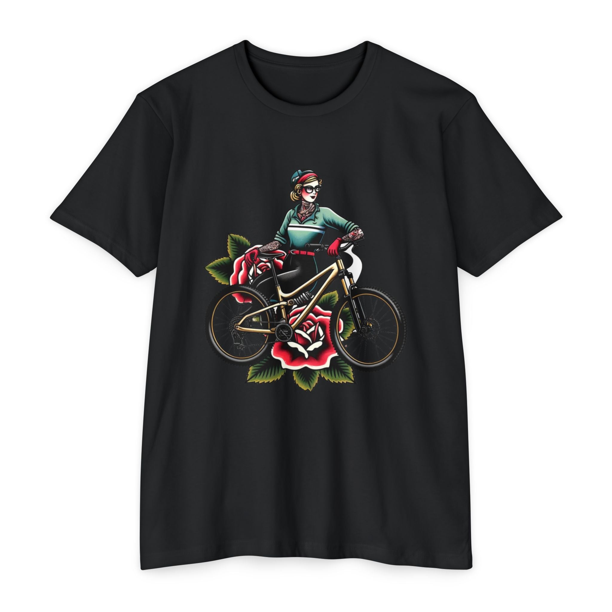 Women's MTB Tee - Vintage Rose Tattooed Rider Shirt in black featuring a bold tattooed cyclist and rose design, perfect for female trail riders.