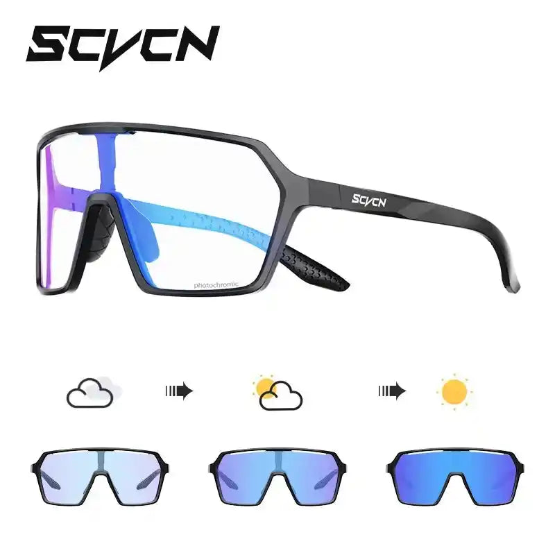 SCVCN Cycling Glasses with blue photochromic lenses for men and women, UV400 protection adapts to light changes for optimal cycling vision.