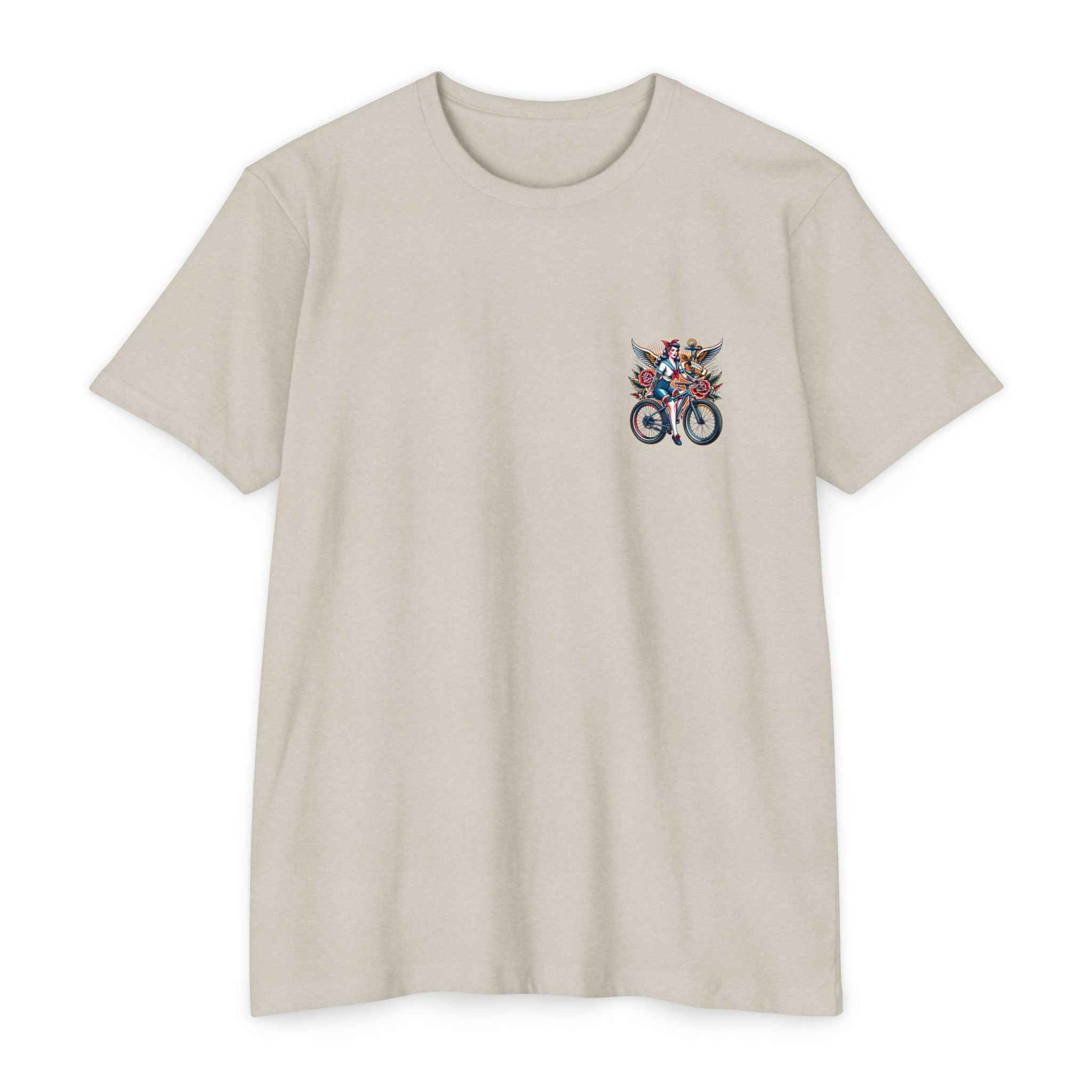 Beige t-shirt with a colorful graphic on a white background