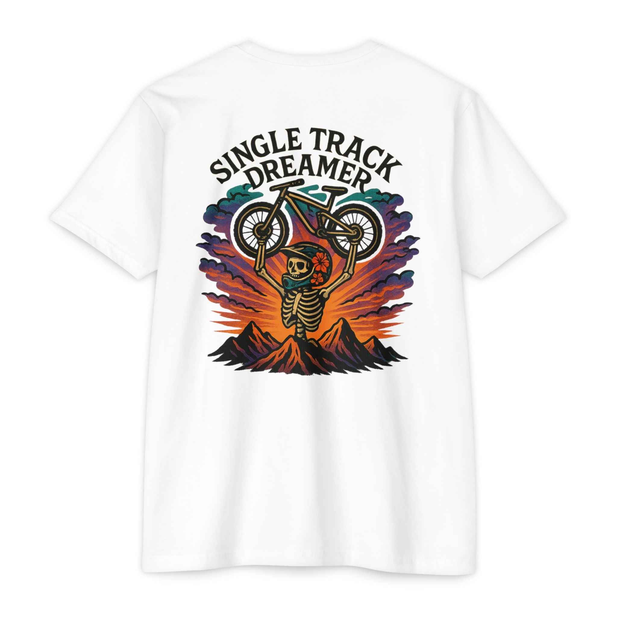 White t-shirt with 'Single Track Dreamer' graphic design featuring a skeleton and bicycle on a mountain.
