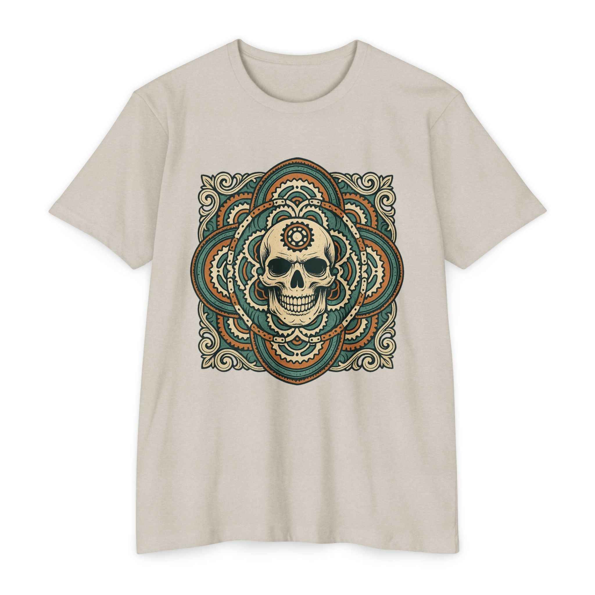 Mandala Skull Bike Style Shirt in light gray showcasing detailed skull and mandala graphic, great for edgy casual wear and MTB lifestyle fans.