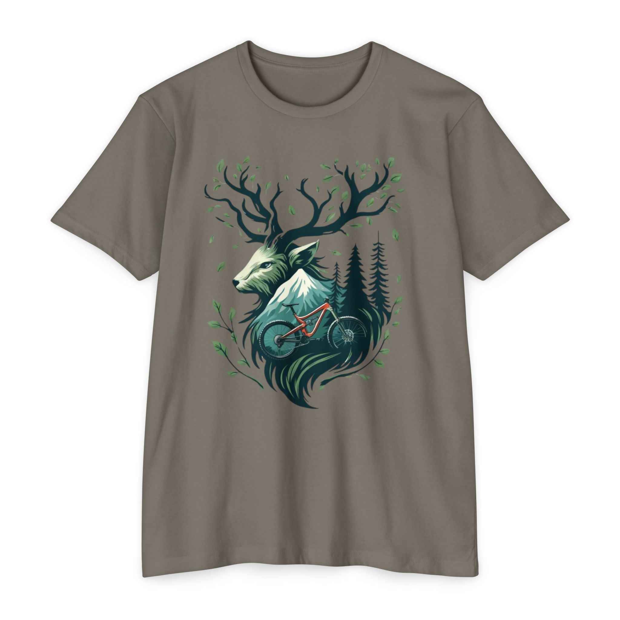 Forest Deer Mountain Bike T-Shirt in earthy taupe with a bold deer and bike graphic. A stylish choice for women into MTB trail fashion.