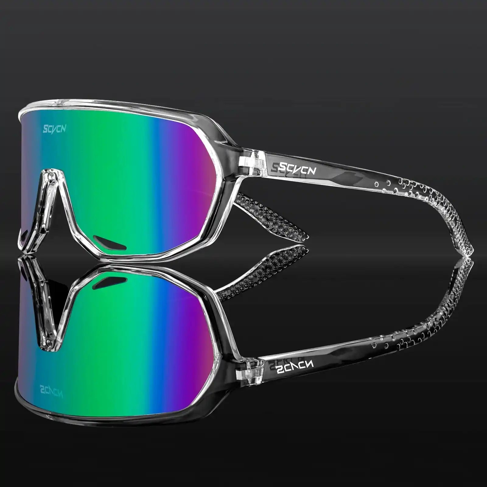 Clear frame cycling sunglasses with rainbow photochromic UV protection lenses, perfect for high-performance sports use.