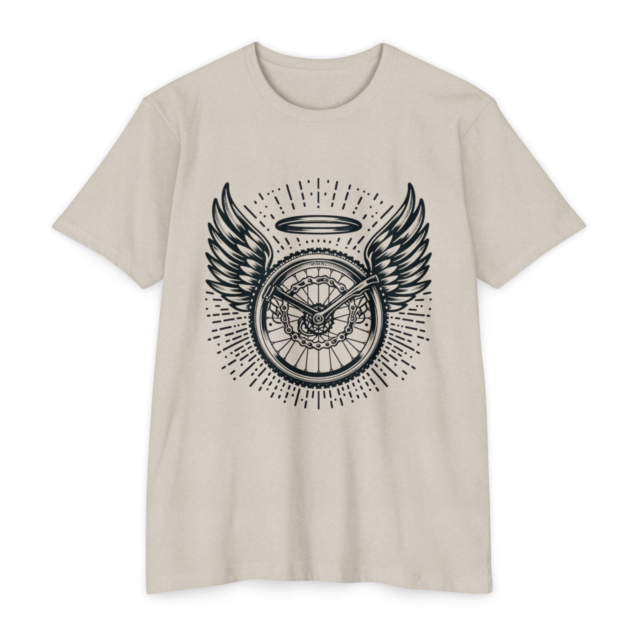 Women's MTB T-Shirt in light gray featuring a halo and winged bike wheel design. Stylish and durable mountain biking apparel for riders.