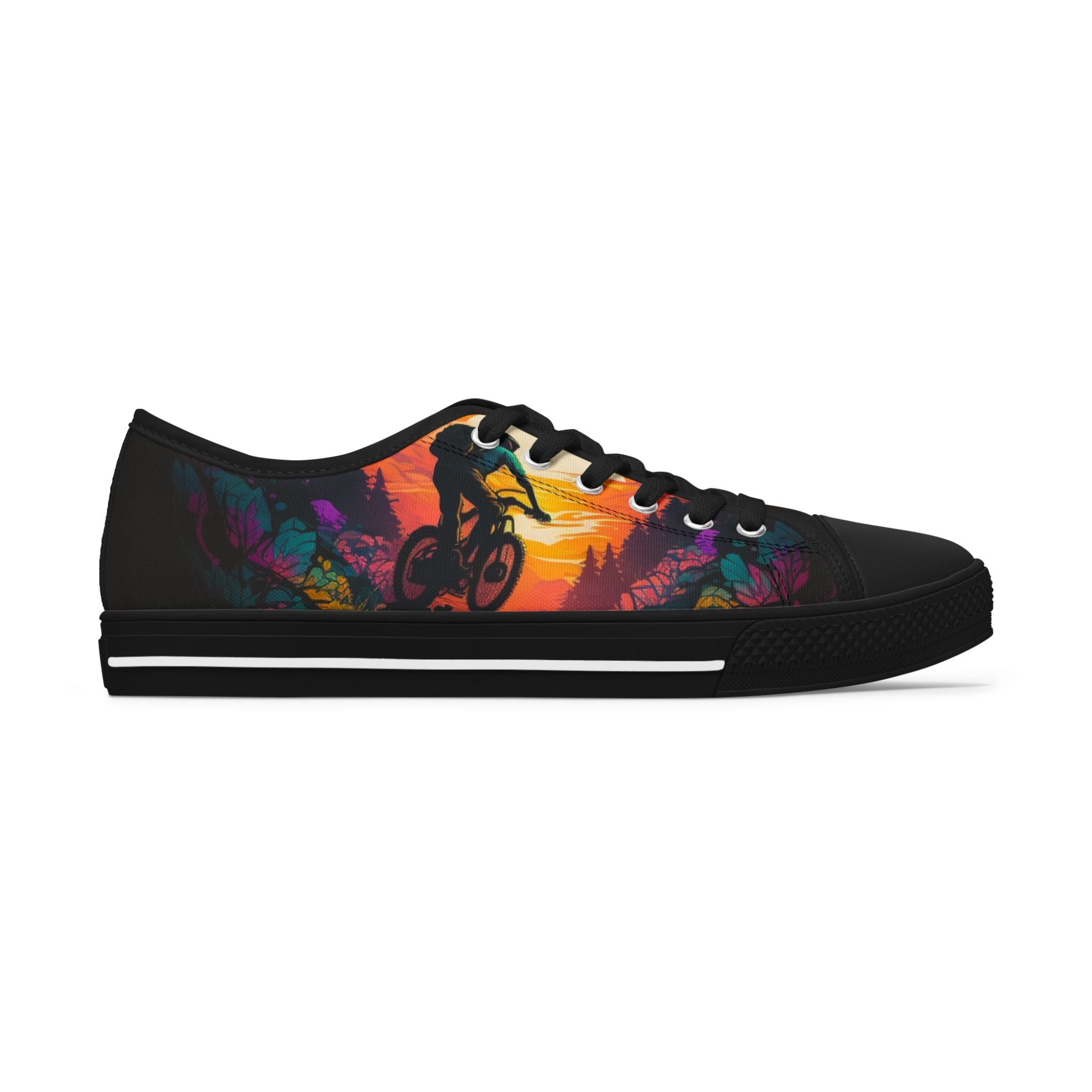 Right side of black-soled Women’s MTB Sunset Sneakers with colorful cyclist silhouette, designed for biking lifestyle and comfort.