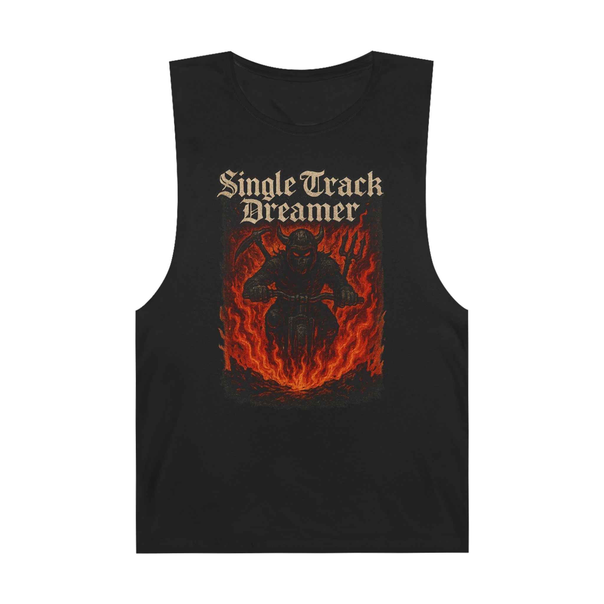 Men's Mountain Bike Tank Top in black featuring a fiery biker graphic and 'Single Track Dreamer' text, ideal for outdoor adventures and streetwear style.