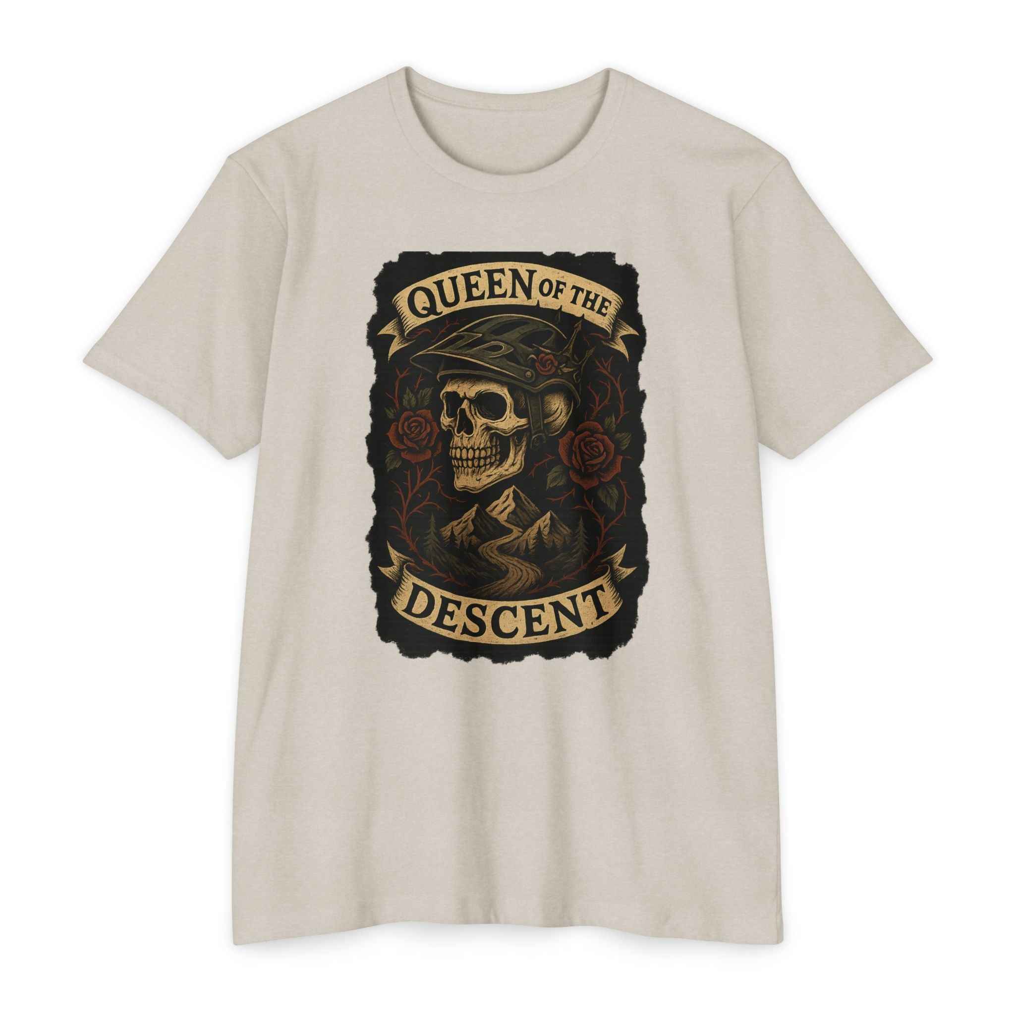 Queen Skull Tee Women's Shirt in beige with gothic skull and roses graphic and 'Queen of the Descent' text. Edgy short sleeve t-shirt for bold style.