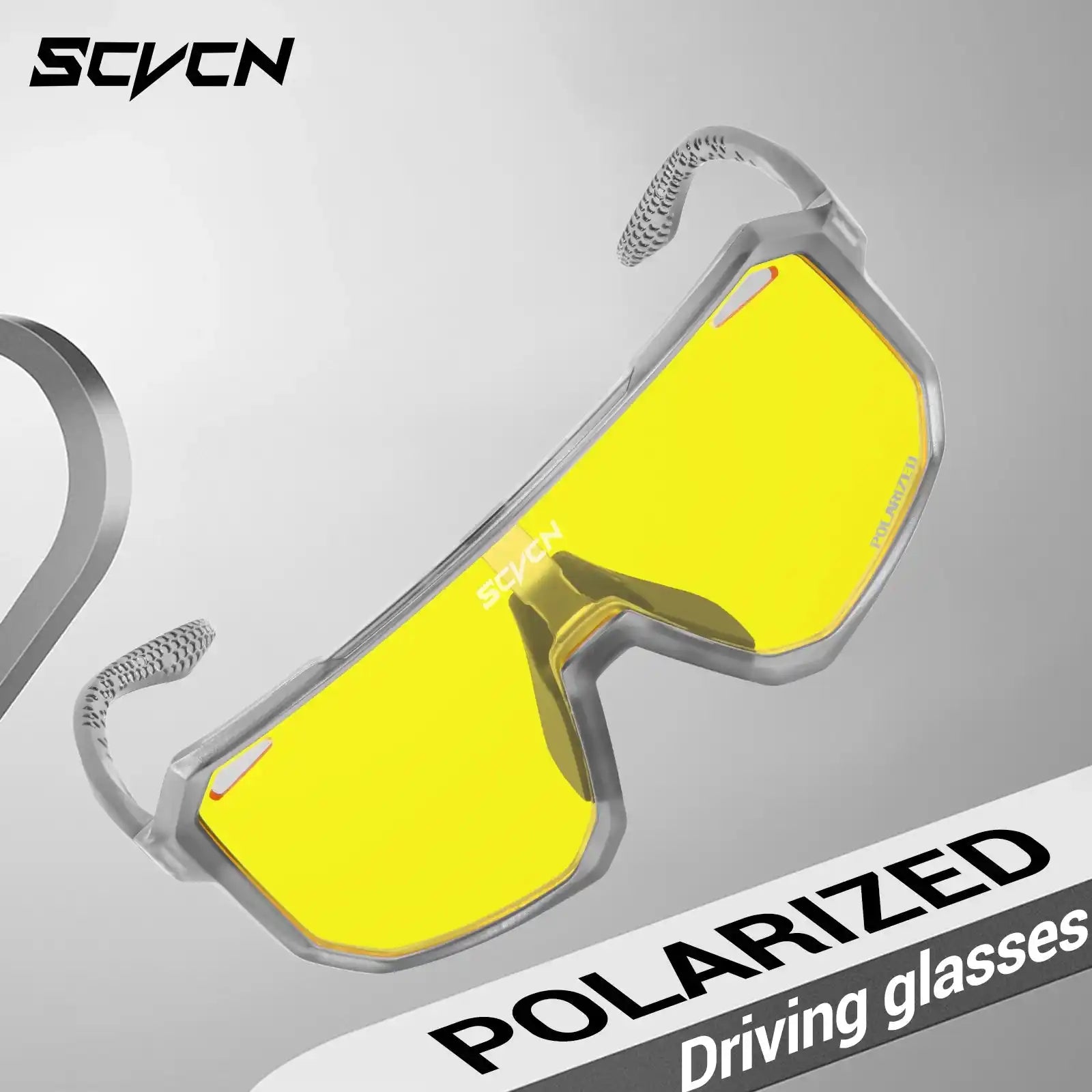 SCVCN polarized driving glasses with yellow UV400 lenses displayed on a white background, highlighting anti-glare and HD vision.