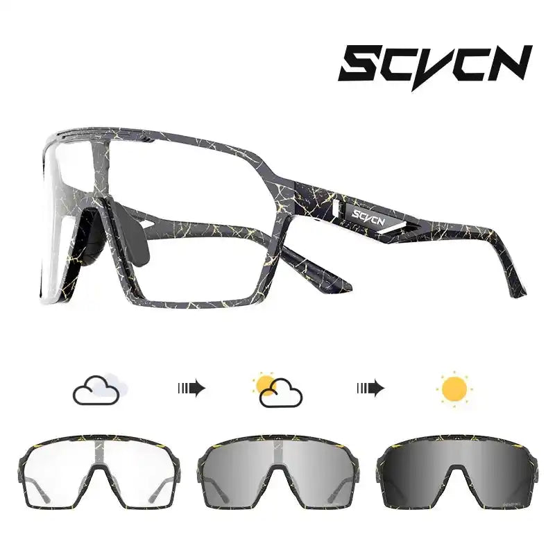 Marble-pattern SCVCN UV400 cycling sunglasses with photochromic lenses. Combines style with impact resistance and UV protection.